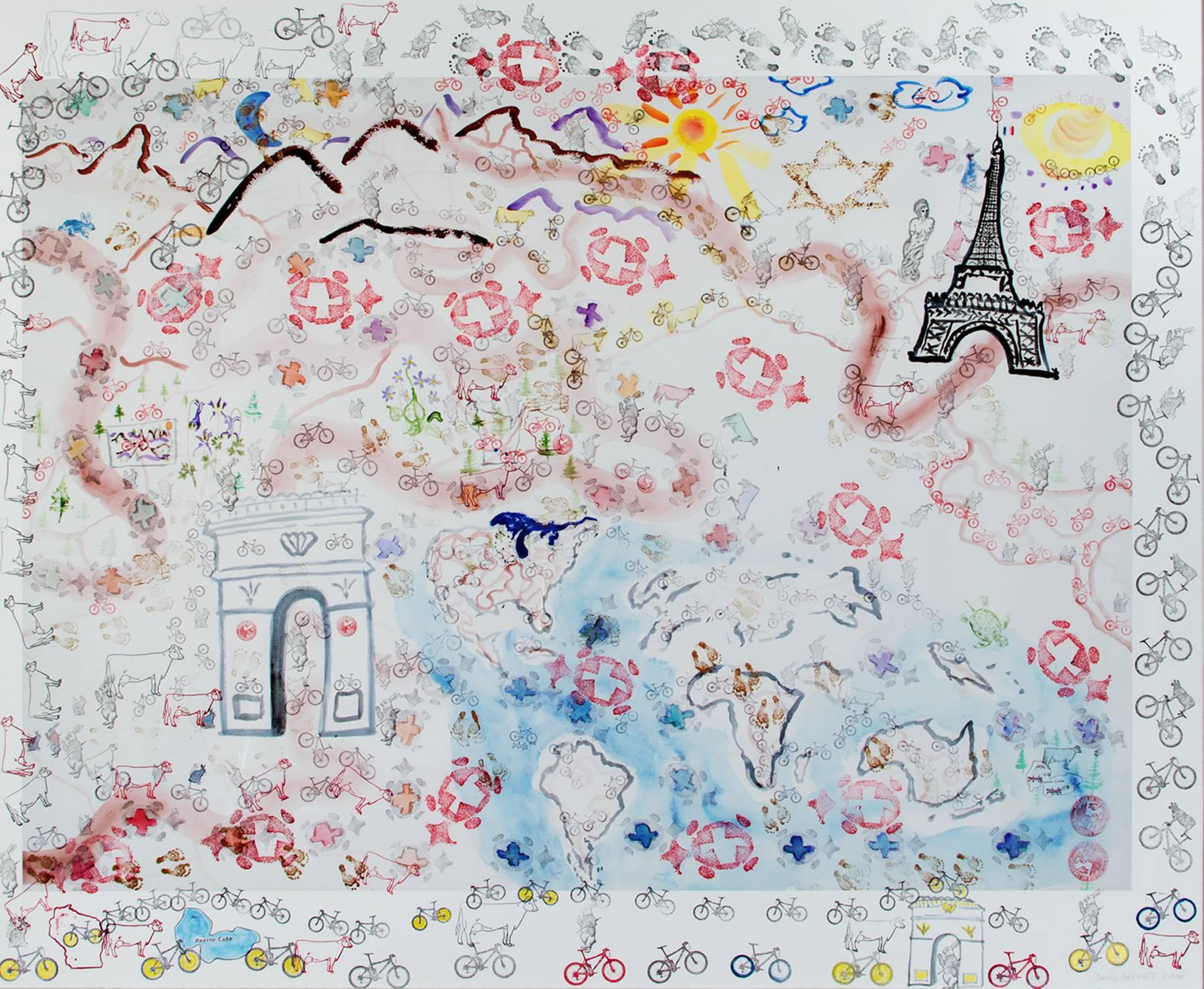 "Hommage à Lance Armstrong : On Trek on Track" est une œuvre originale en techniques mixtes de David Barnett. L'artiste a signé l'œuvre en bas à droite. Il représente un itinéraire à travers la France à l'aide de timbres et d'aquarelles. 

36 3/4" x