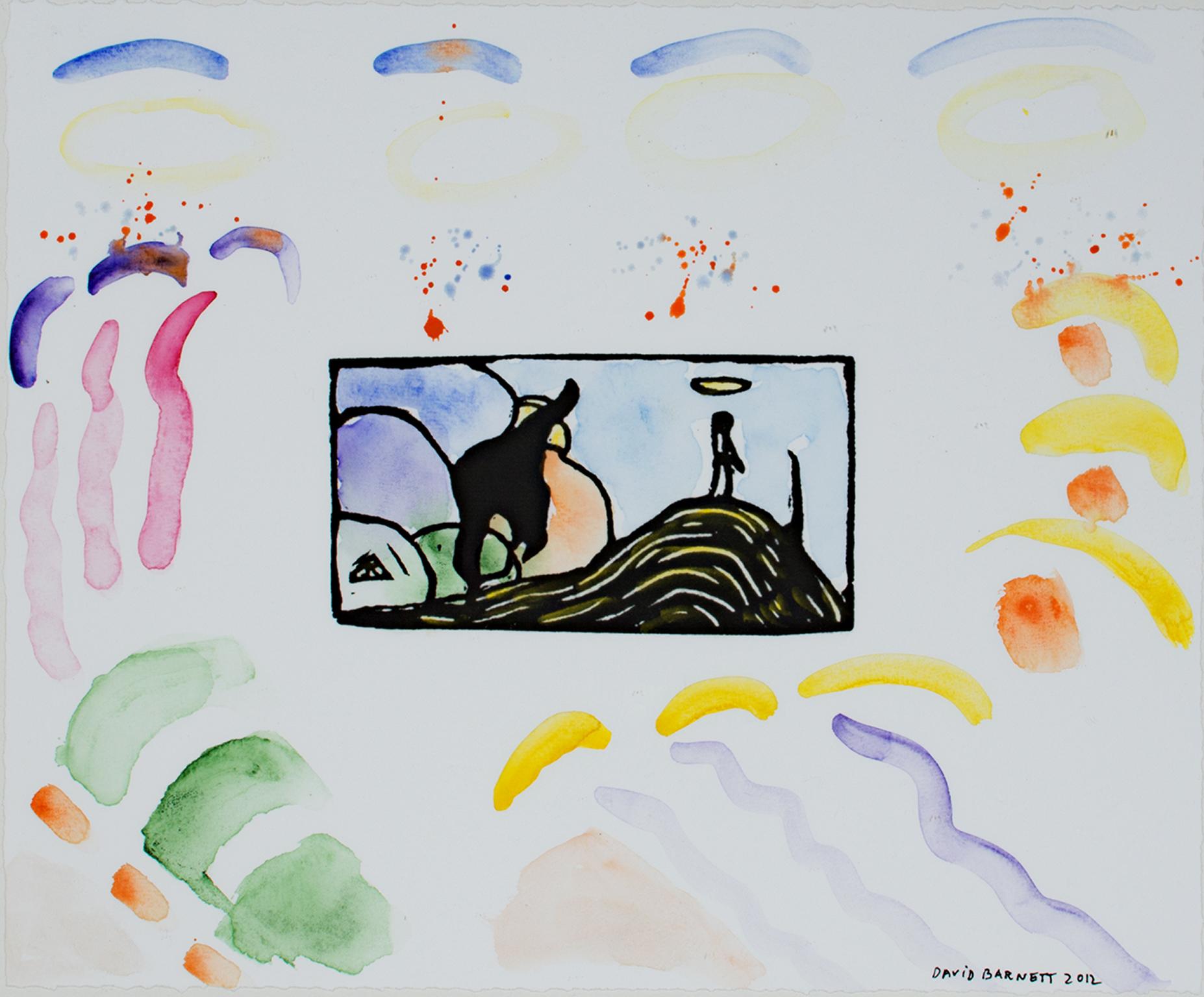 "Hommage an Wassily Kandinsky nach 1907 Original-Holzschnitt aus der Klänge-Serie, Titel: Hügel, Baum, Wolken & Figur" ist ein Original-Mischtechnik von David Barnett, signiert unten rechts. Dieses Werk und die anderen aus der Serie wurden durch