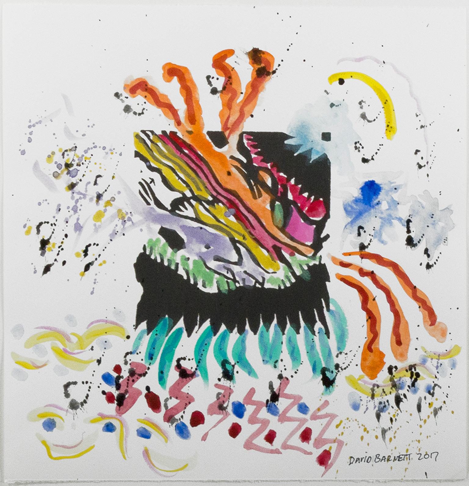 "Famous Artist Series: Hommage an Wassily Kandinsky nach 1911 'Im Wald' (seitenverkehrt) Holzschnitt aus der Klänge-Serie" ist eine Originalarbeit in Mischtechnik von David Barnett, signiert unten rechts. Dieses Werk und die anderen aus der Serie