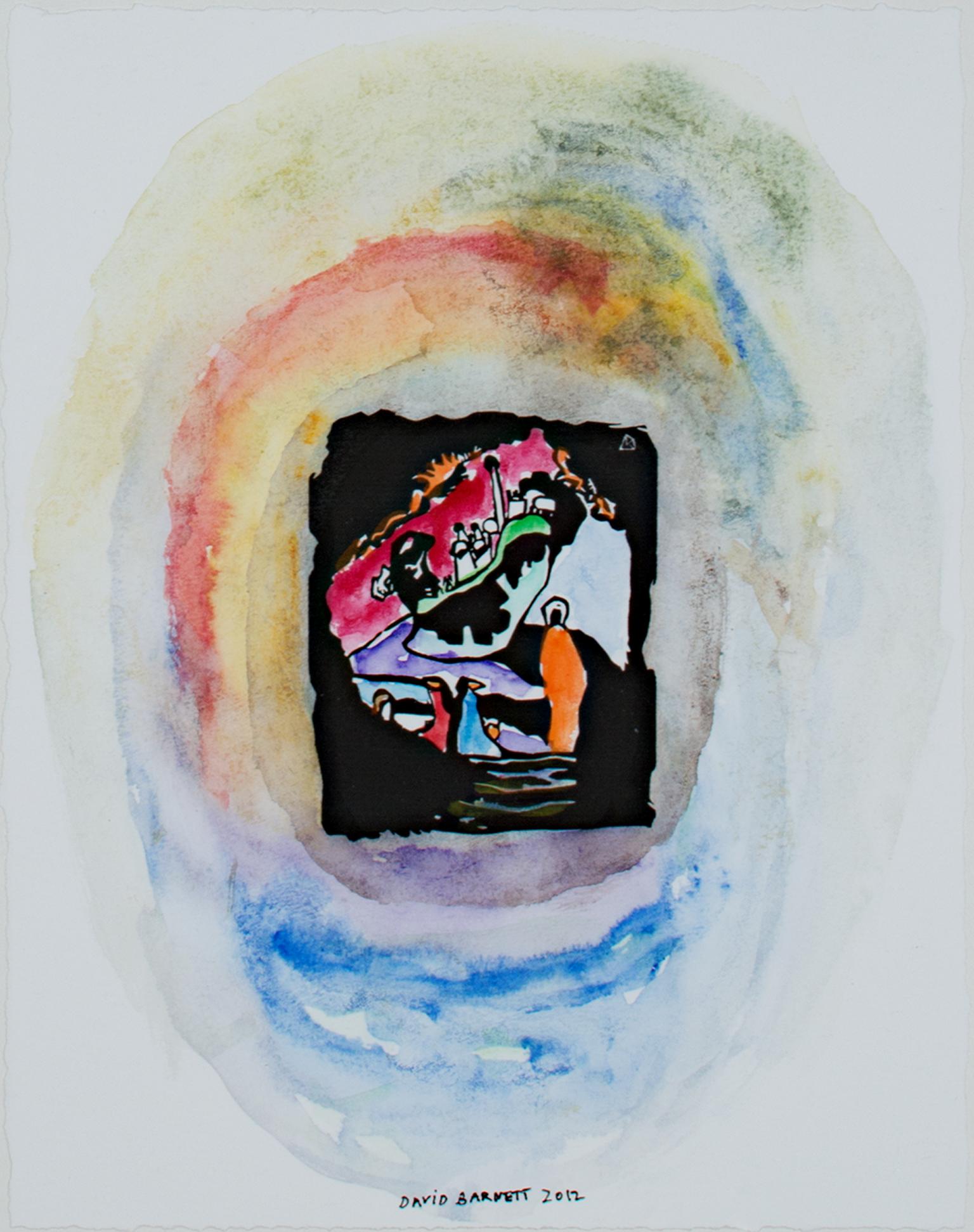 "Hommage an Wassily Kandinsky nach 1911 original Holzschnitt aus der Klänge Serie, Titel: Landscape with More Upright White Figure" ist ein Original-Mixed-Media-Werk von David Barnett, signiert unten in der Mitte. Dieses und die anderen Werke der