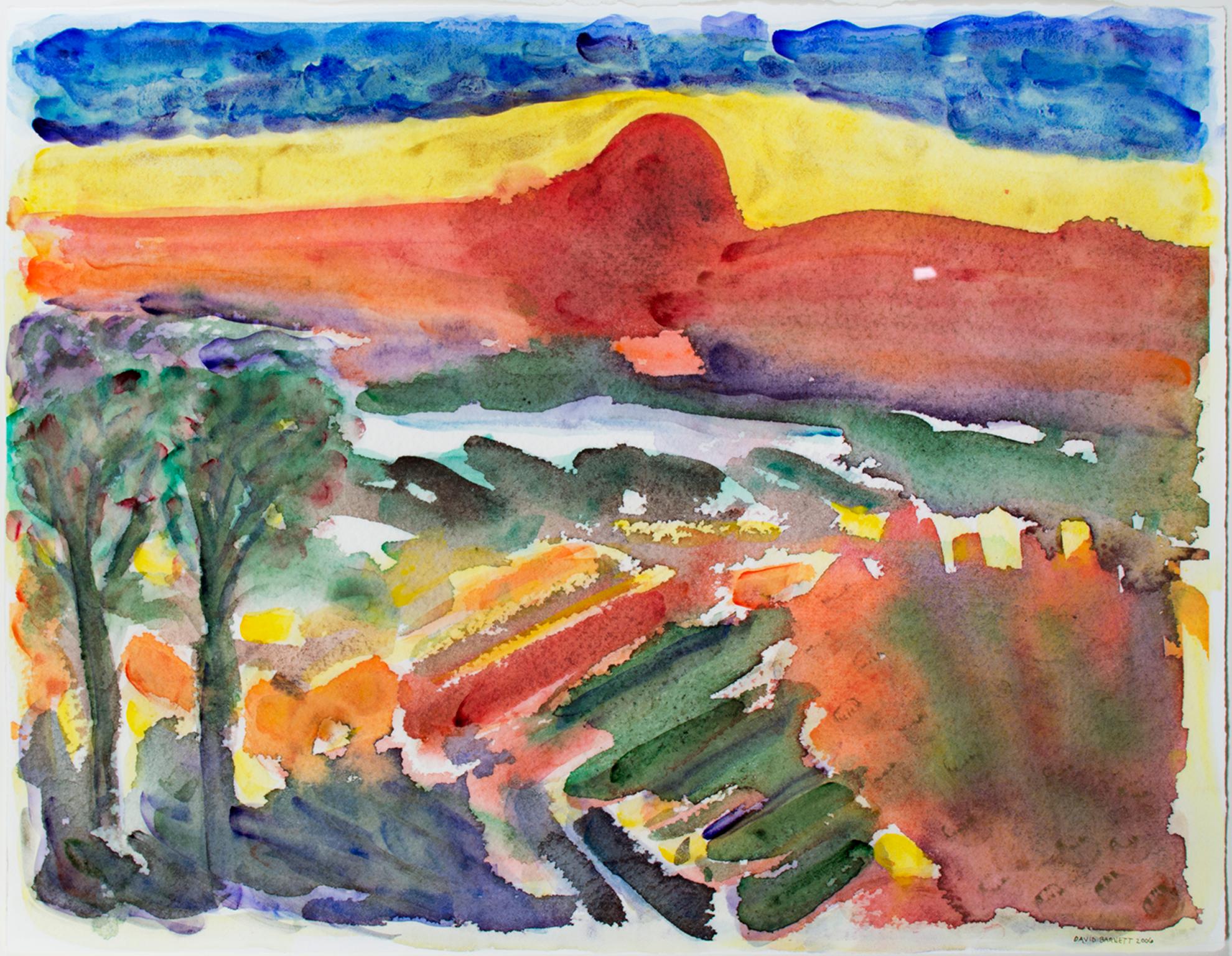 "Impressions of Spring Green" is an original mixed media piece by David Barnett, signed in the lower right corner. The piece features an abstract landscape, perhaps at sunset, featuring blue, yellow, red, and green.

Art size: 28 3/4" x 37