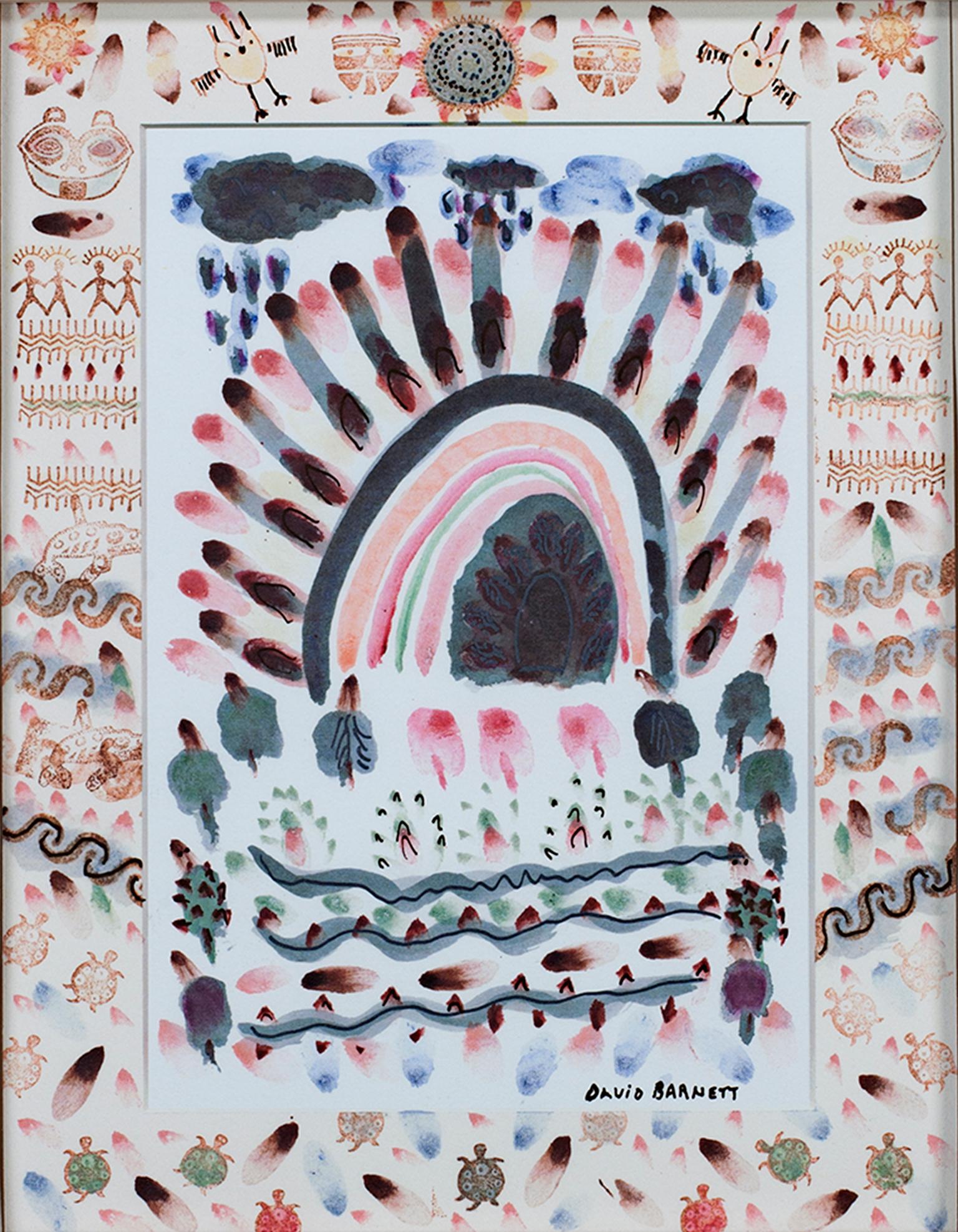 "Native American Southwest Series: Purple Rain Love the Earth" ist ein Original-Mischtechnikwerk von David Barnett, das Aquarellfarben, schillernde Acrylfarben, Tinte und Gummistempel enthält. Es ist rechts unten signiert und datiert. Das Werk zeigt