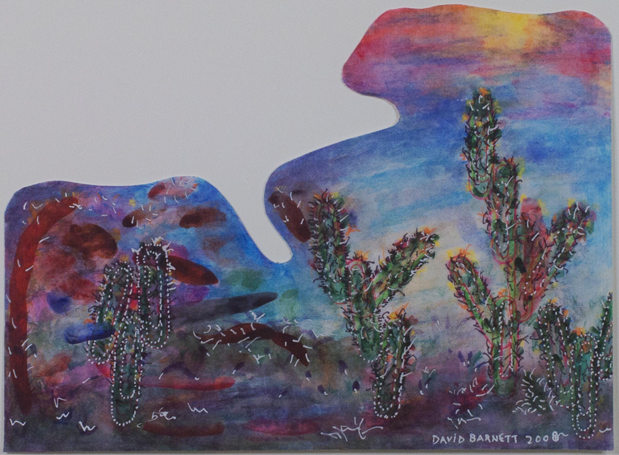 "Southwest Sunset Paper Clip Cactus Palette" is an original, playful mixed media piece on watercolor paper by David Barnett, signed and dated in the lower right. Against a vivid red, yellow, and blue background, green cacti composed of paperclips