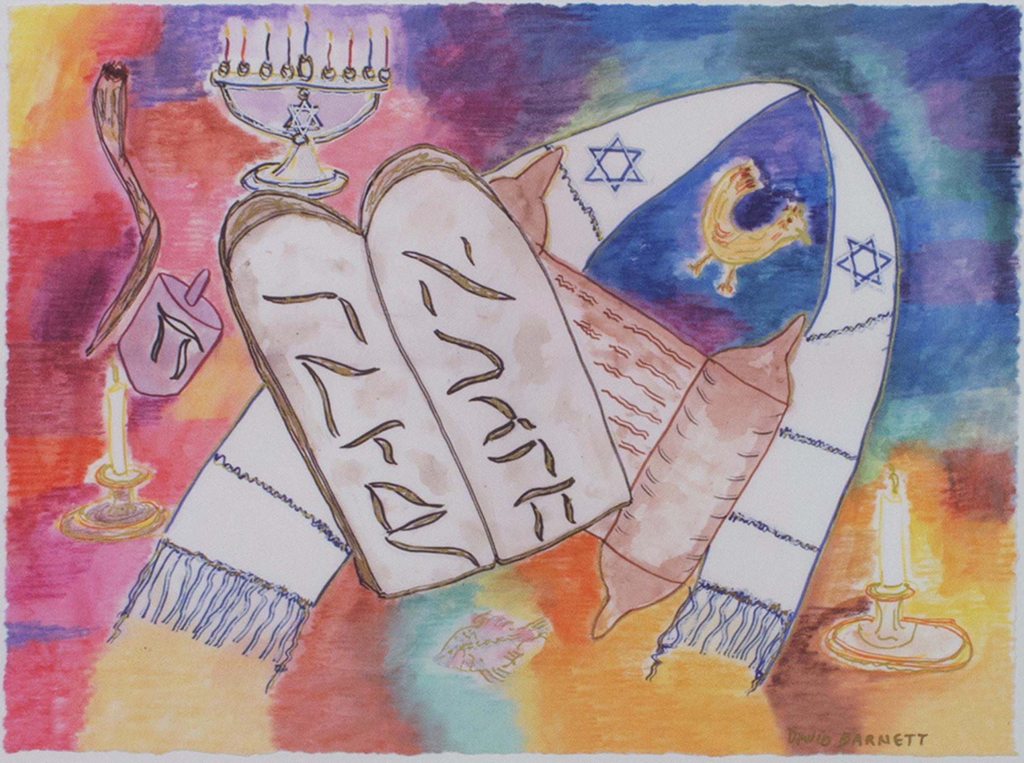 "Zehn Gebote" ist ein Originalgemälde in Mischtechnik von David Barnett, signiert unten rechts. Es zeigt Bilder, die mit dem jüdischen Glauben assoziiert werden, auf einem farbenfrohen Hintergrund aus Blau, Gelb und Rosa. 

Kunst Größe: 9" x