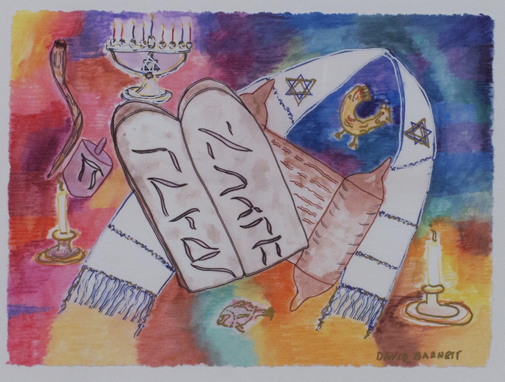 "Ten Commandments" is an original mixed media painting by David Barnett, signed in the lower right. It features imagery associated with the Jewish faith on a brightly colored background of blue, yellow, and pink. 

Art size: 6" x 8"
Frame size: