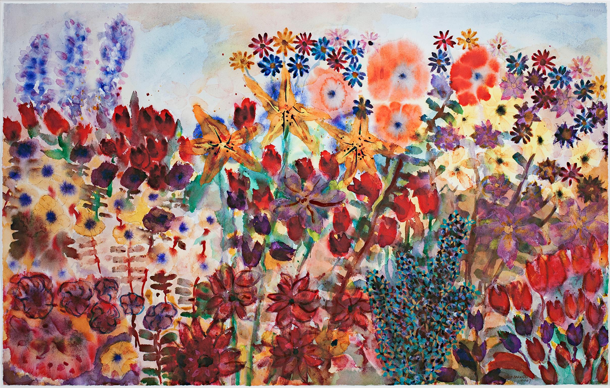 "Think Spring" ist ein Werk in Mischtechnik, Aquarell und schillerndem Acryl von David Barnett, signiert und datiert unten links. Das Werk ist eine Explosion von Farben und Texturen mit vielen verschiedenen Blumenarten vor einem blassblauen