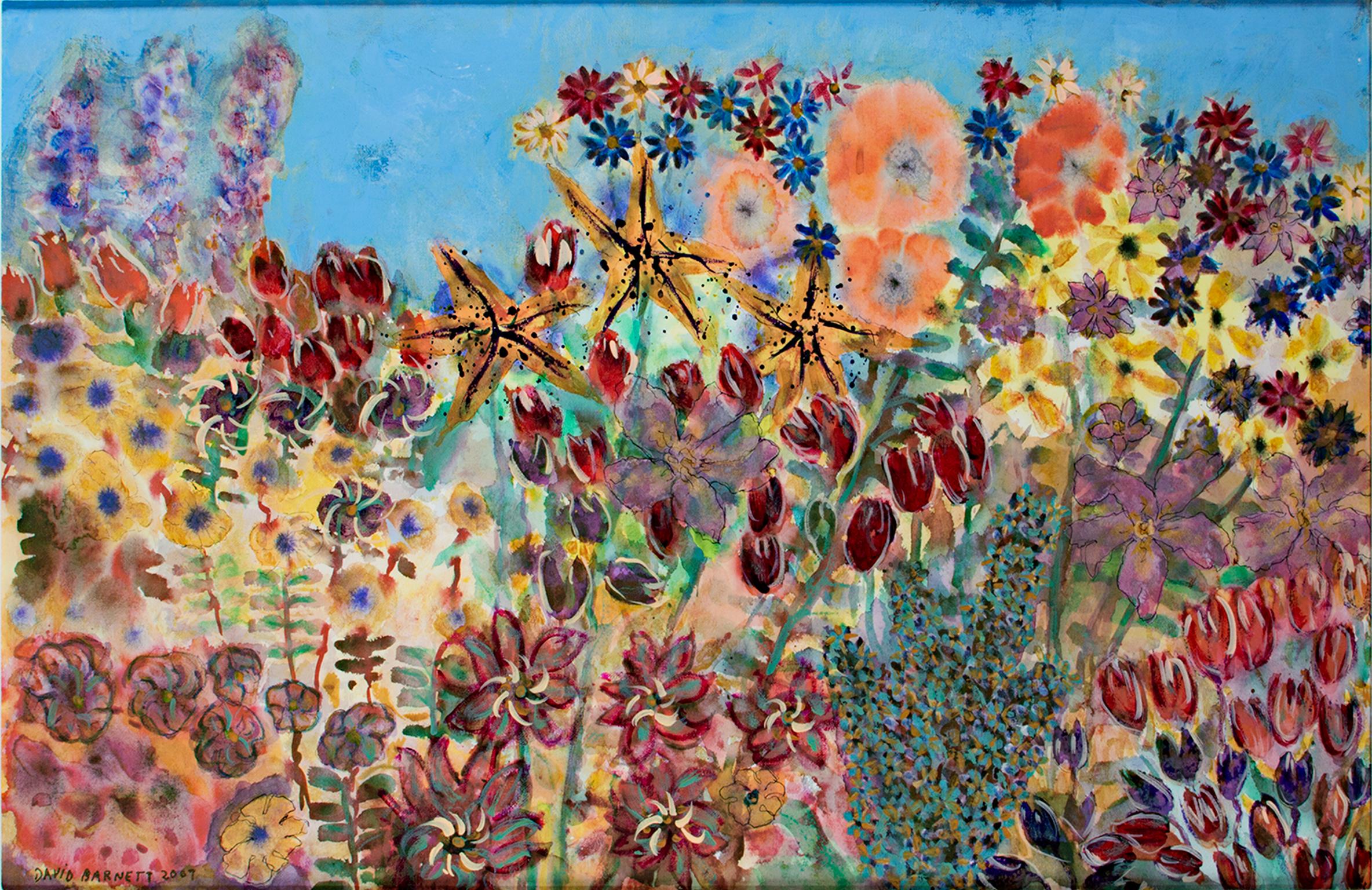 "Think Spring" is a mixed media & acrylic piece by David Barnett, signed and dated in the lower left. The piece is an explosion of color and texture with many different types of flowers against a rich blue sky.

Art size: 18" x 28 1/4"
Frame size: