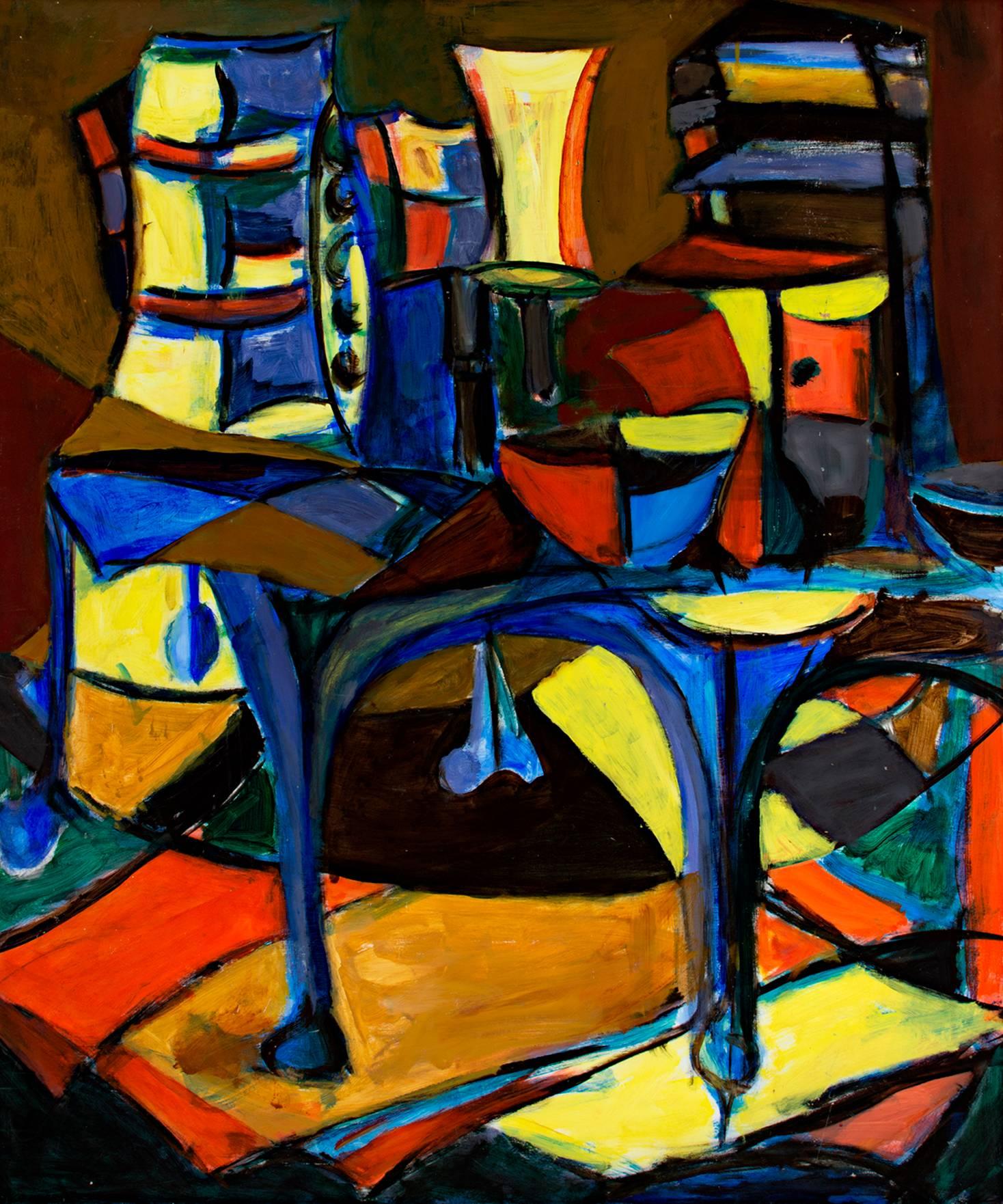 Abstract Painting David Barnett - "Room Interior" abstrait cubiste coloré foncé pop mellow des années 60 signé