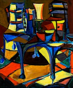 „Room Interior“ abstrakter kubistischer Kubismus dunkel farbenfroher Pop-Kissen 60er Jahre signiert
