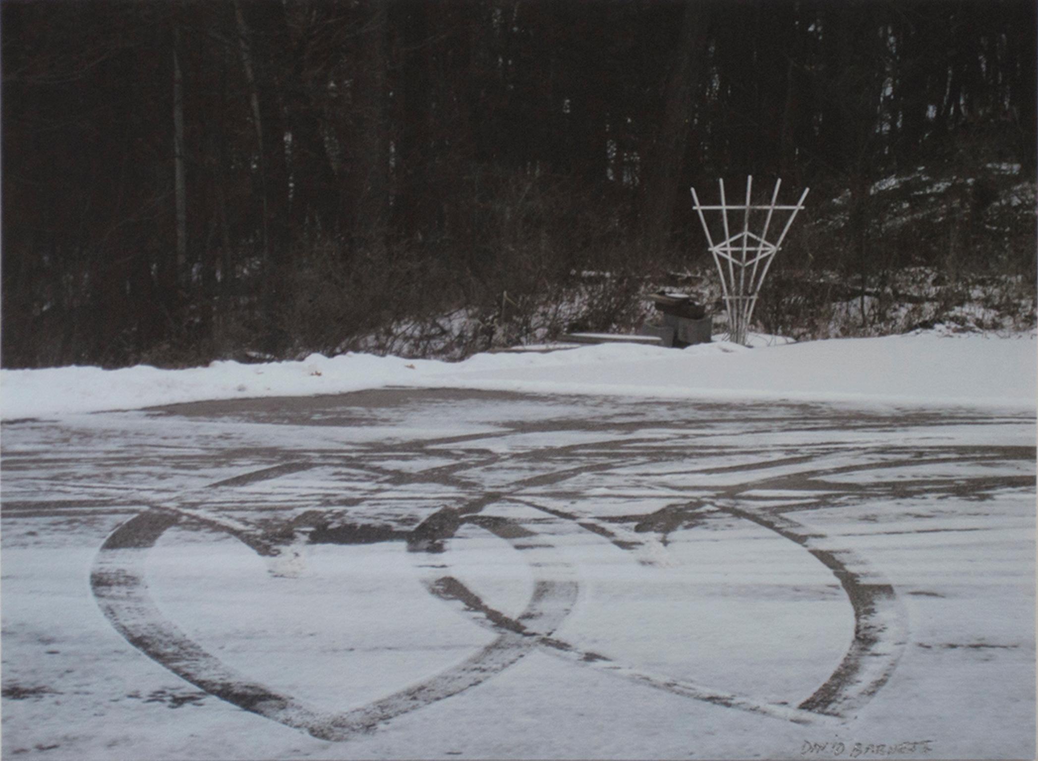 "Tracks of Love" is an original fine-art photograph shot in black and white by David Barnett. It is signed in the lower right corner. It depicts a frozen lake with ice-skater tracks forming two looping hearts.

Art size: 9 5/8" x 12 7/8"
Frame size: