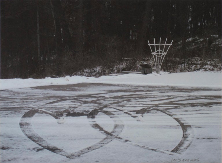 "Tracks of Love" is an original fine-art photograph shot in black and white by David Barnett. It is signed in the lower right corner. It depicts a frozen lake with ice-skater tracks forming two looping hearts.

Art size: 9 5/8" x 12 7/8"
Frame size:
