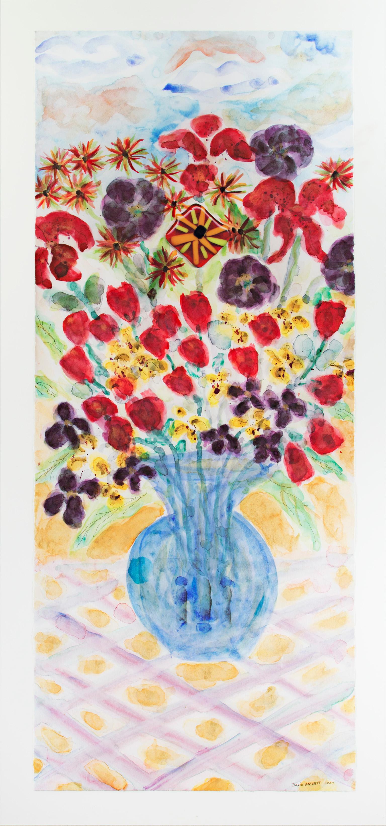 "" Vase bleu avec visage en pierre dehenge : Tulips & Lilies, AP I/XXV,"" Impression giclée signée