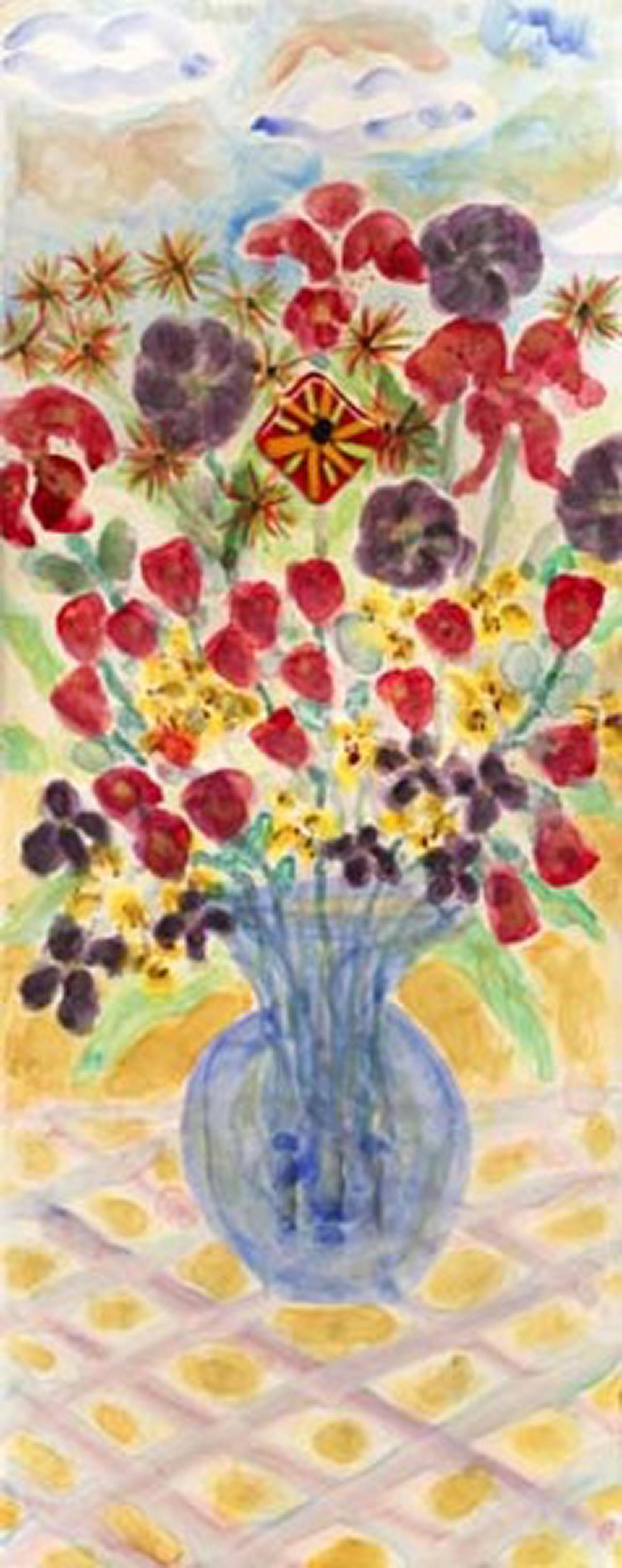 David Barnett Still-Life Print - "Blue Vase with Stonehenge Face: Tulips & Lilies" Giclee Print signed by Barnett