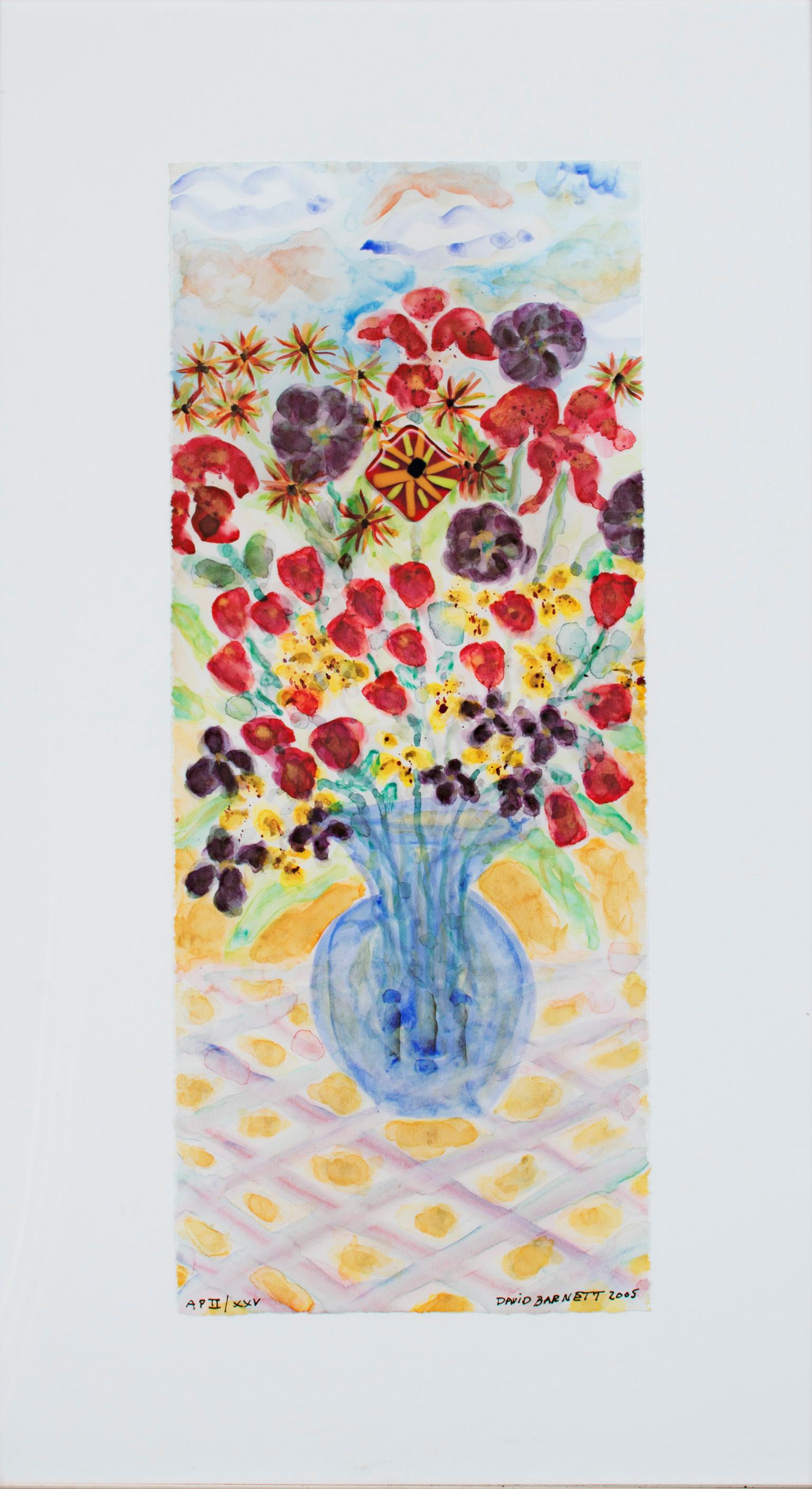 David Barnett Still-Life Print - "Blue Vase with Stonehenge Face: Tulips & Lillies, " Print signed by Barnett 
