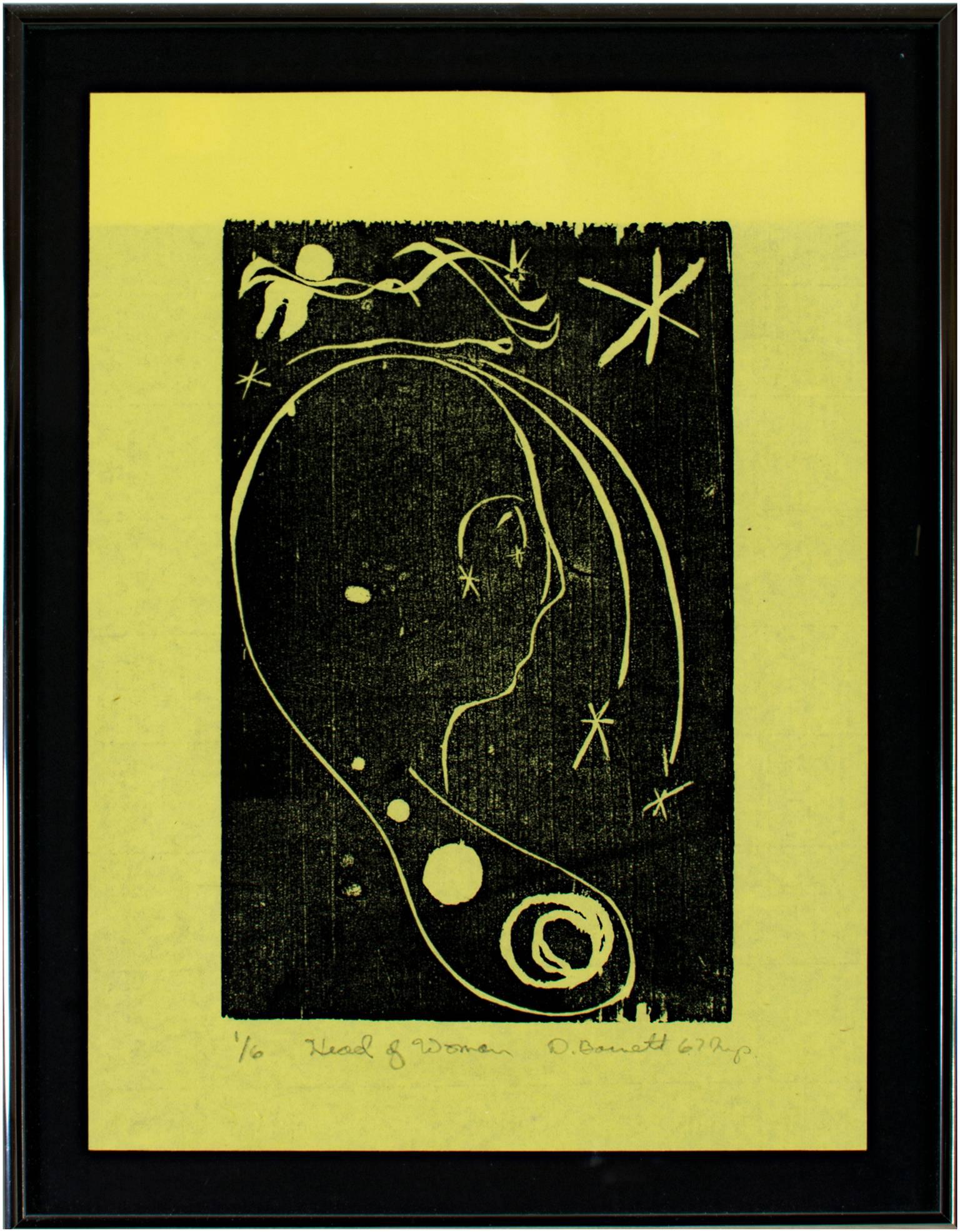 "Head of Woman, ed. 1/6" (Le dieu de la femme, ed. 1/6") gravure sur papier jaune signée par David Barnett