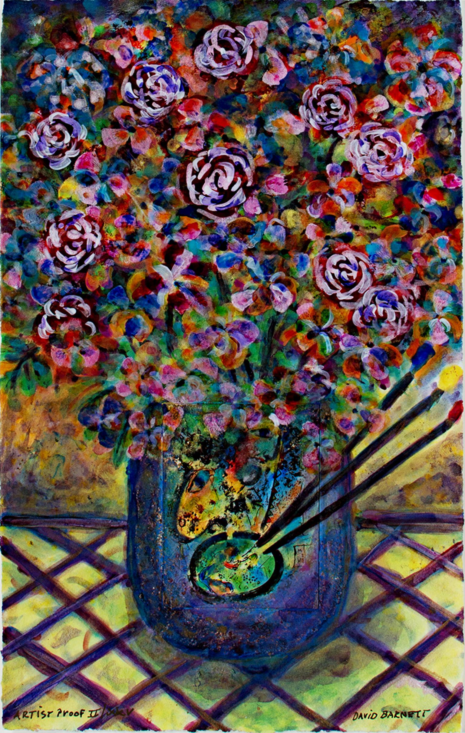 "Famous Artist Series : Homage to March Chagall - Artist's Palette Bouquet" est une impression giclée d'après l'œuvre originale en techniques mixtes de David Barnett datant de 2008. Un bouquet de fleurs aux couleurs de l'arc-en-ciel dans un vase