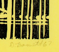 "La Valla, Privado Manténgase Fuera, " Linograbado Original sobre Papel Amarillo