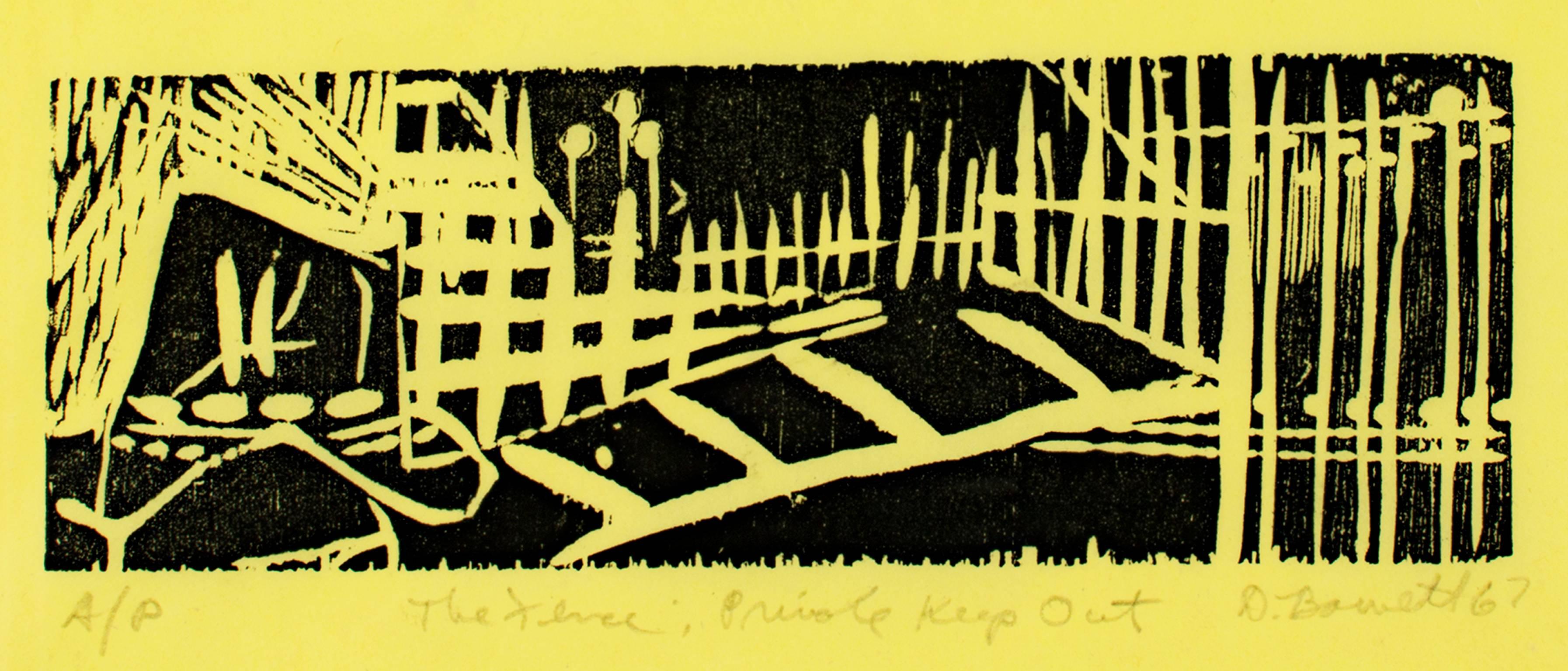 "The Fence, Private Keep Out" is an original linocut print on yellow paper by David Barnett. The artist signed the piece lower right, wrote the title lower center, and wrote the edition number (AP) lower left. This piece depicts a fence surrounding