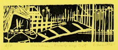 "The Fence, Private Keep Out," Original Linocut on Yellow Paper by David Barnett
