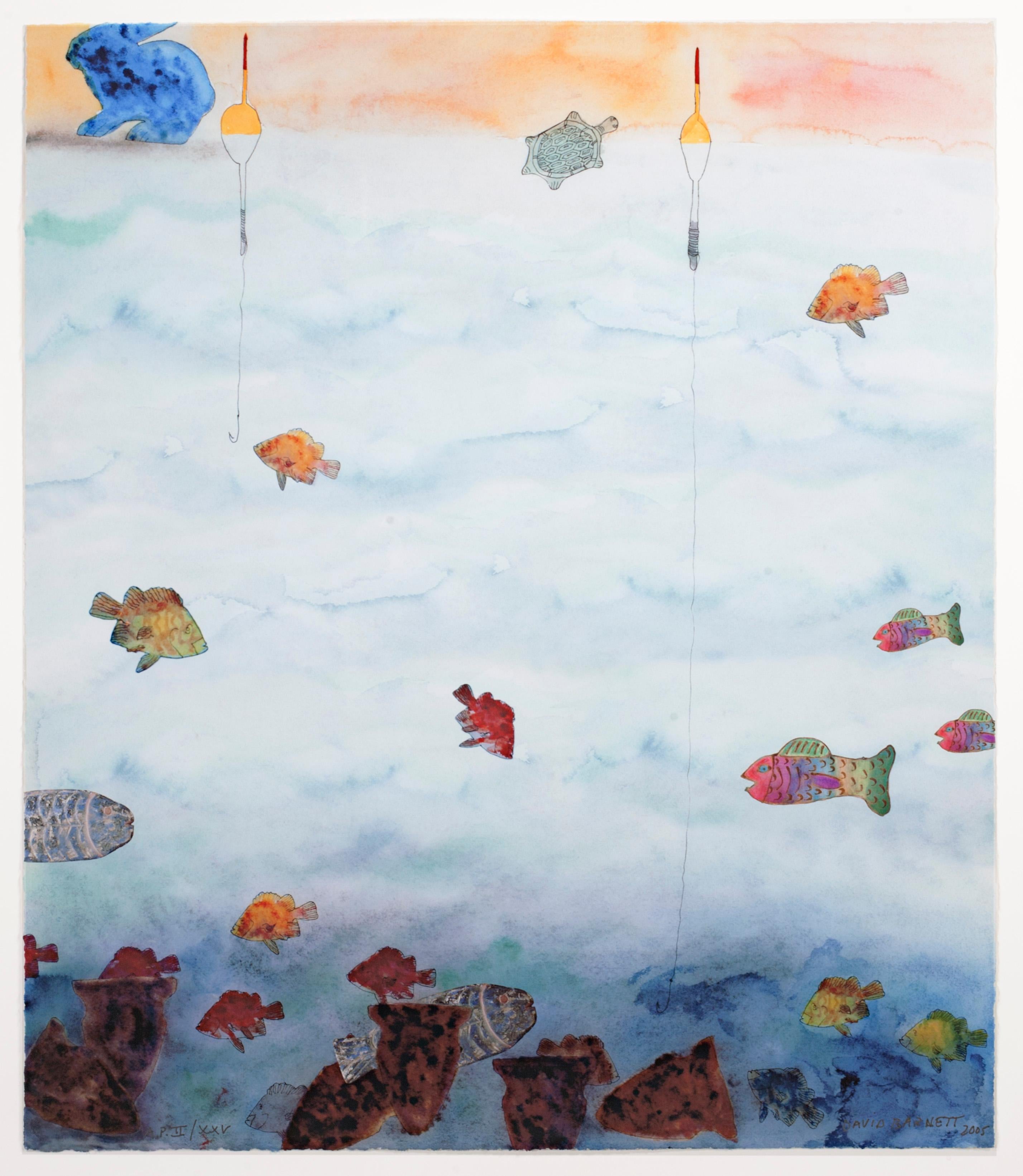 In David Barnett’s ‘Way Down Deep Revisited,’ fishing floats drift placidly across the surface of a lake; below, kaleidoscopic fish view the hooks with mild distrust. Although principally a landscape painting, Barnett’s experimentation with the