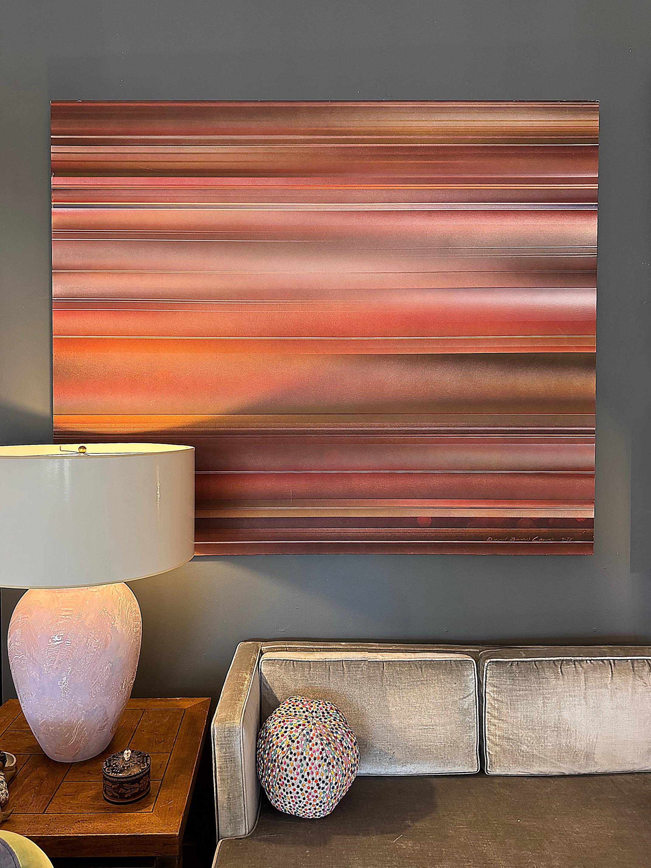 A large scale mid century abstract painting by the listed artist David Barry Lewis (1945-).  Lewis  resides between Texas and California The painting is signed and dated 9-75 in the lower right. The work is an intoxicating mixture of hard edge and