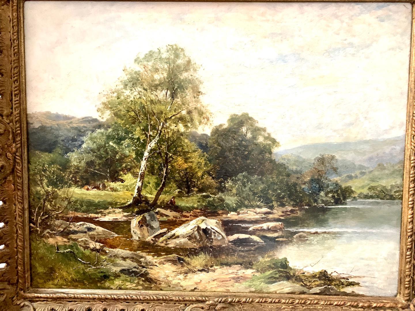 Englische Flusslandschaft des 19. Jahrhunderts mit Fischern am Fluss – Painting von David Bates b.1840