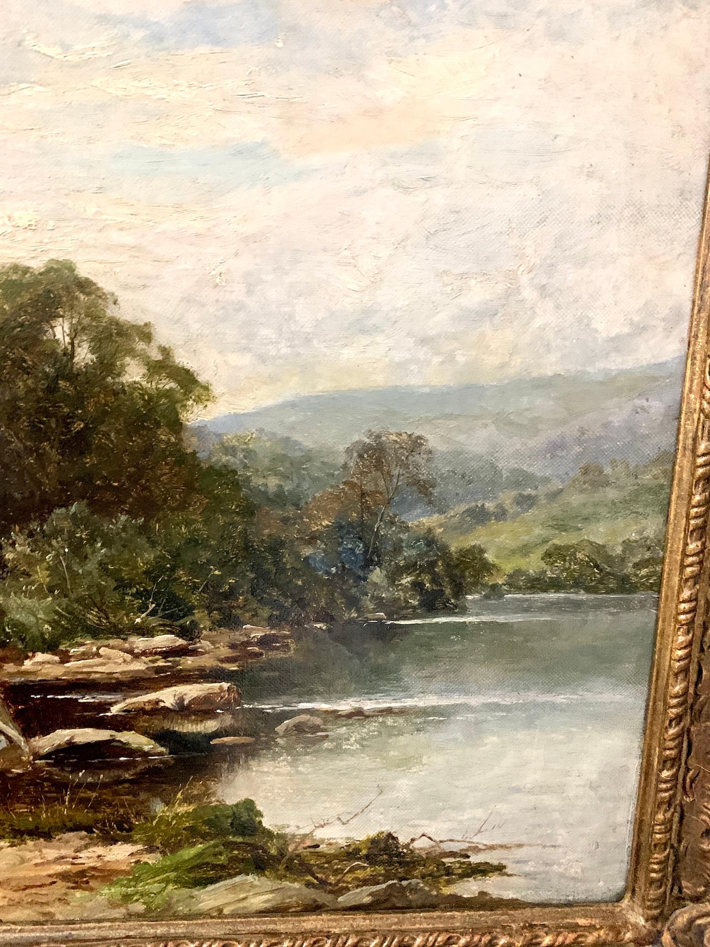 19th century English River landscape with man fishing by the riverside For Sale 1