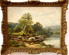 19th century English River landscape with man fishing by the riverside