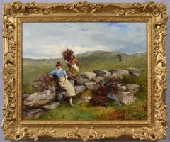 19th Century genre oil painting of women gathering firewood in a landscape