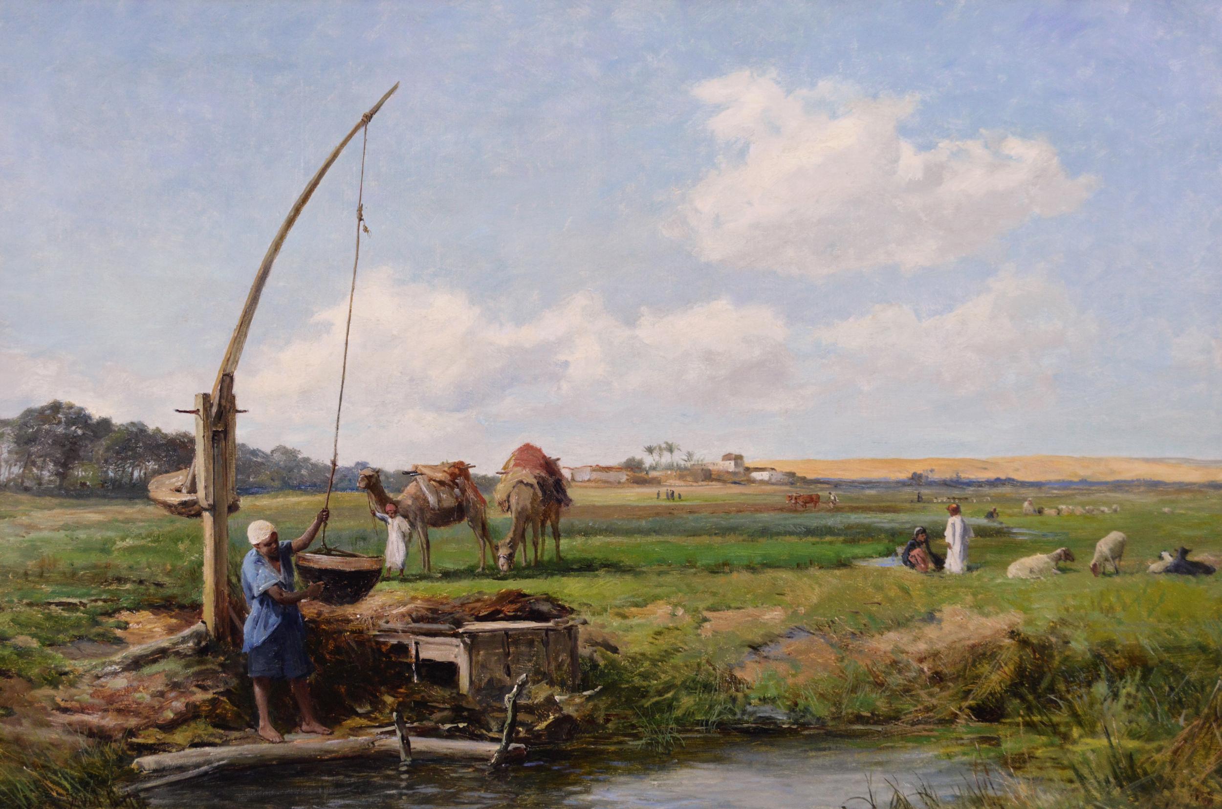 19th Century North African river landscape oil painting of a man using a Shadoof - Painting by David Bates b.1840