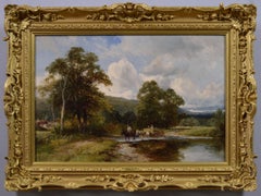 Antique 19th Century river landscape oil painting of horses & a cart crossing a ford