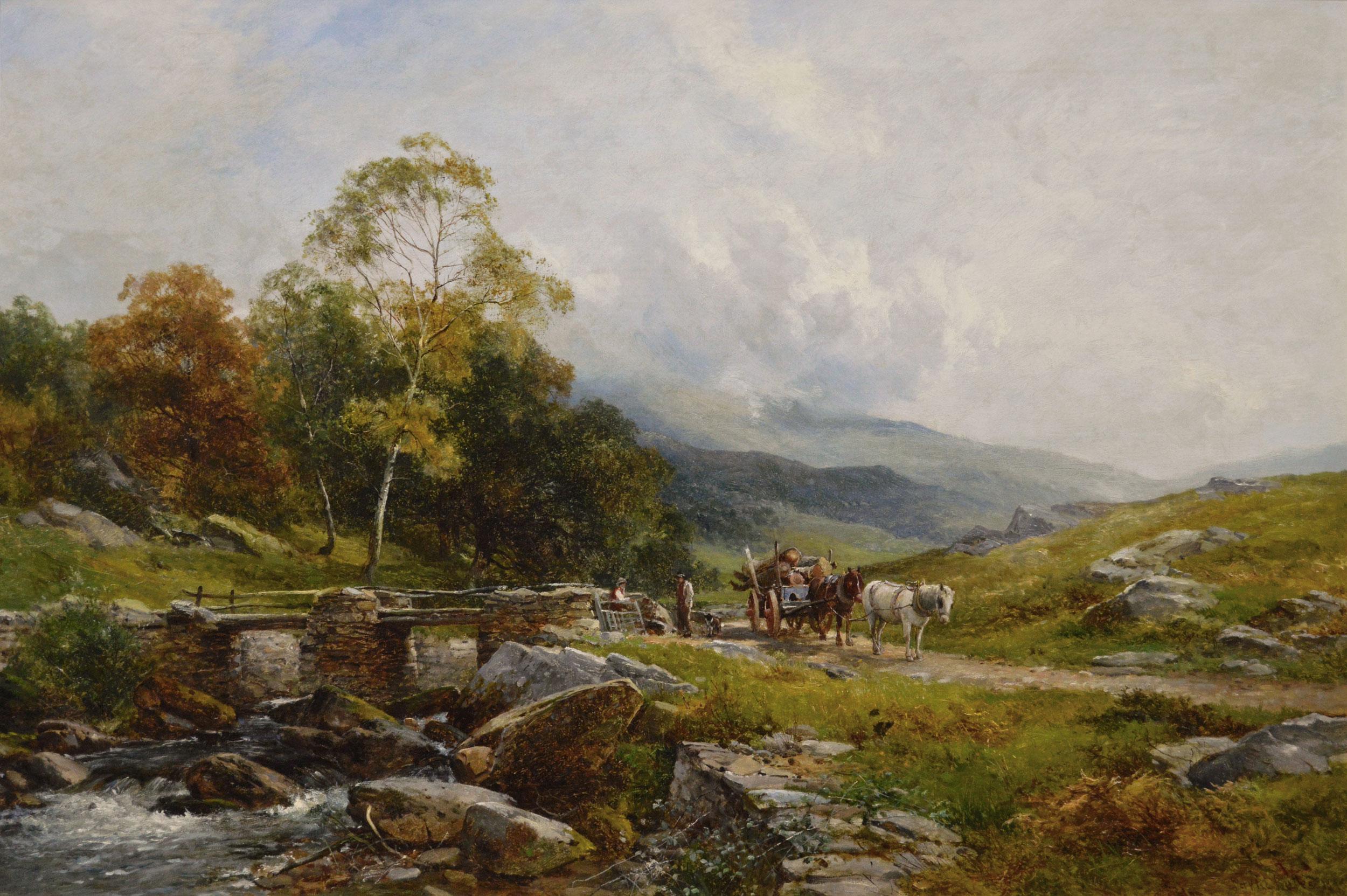 19th Century Welsh landscape oil painting of figures by the River Glaslyn  - Painting by David Bates b.1840