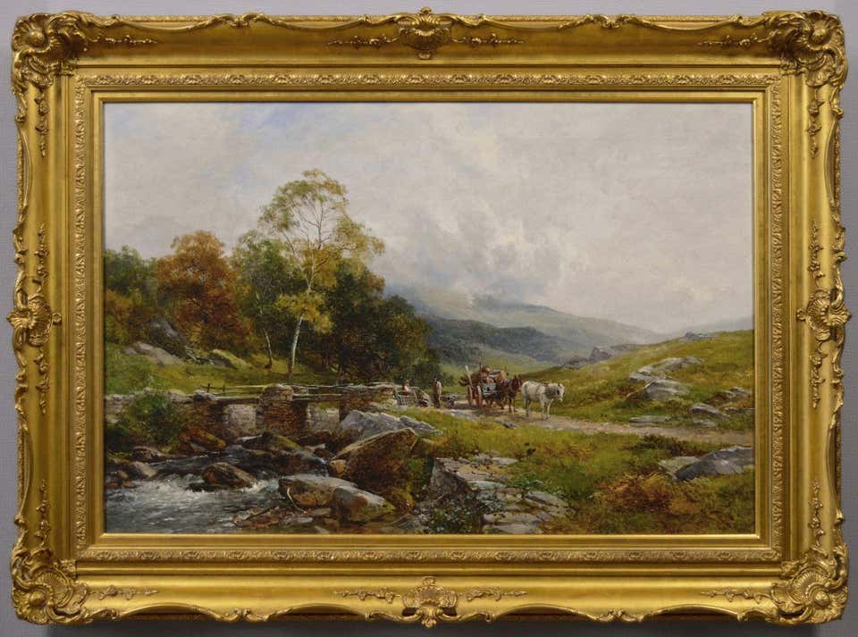 19th Century Welsh landscape oil painting of figures by the River Glaslyn