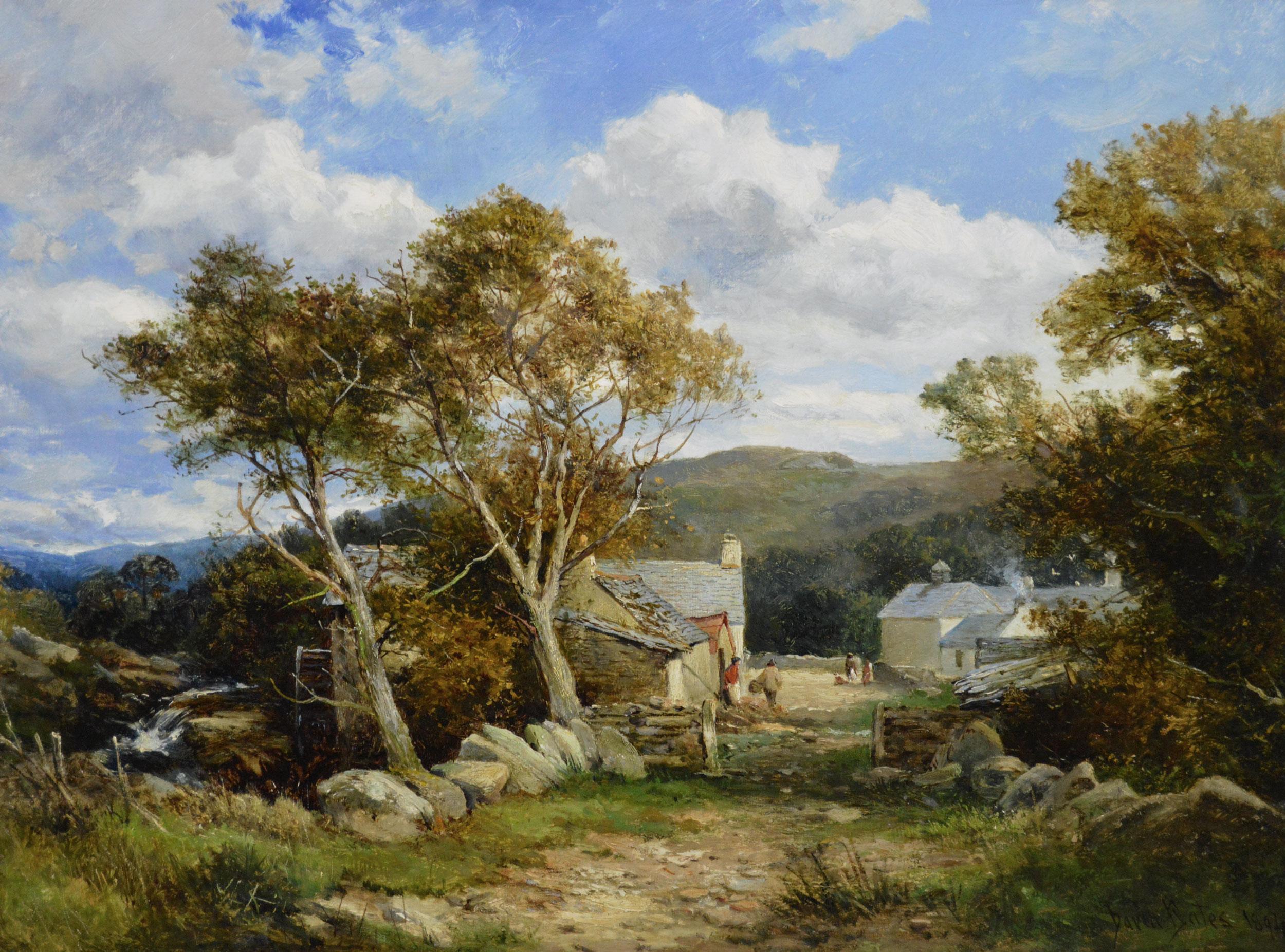 Óleo de paisaje galés del siglo XIX con figuras cerca de un molino de agua - Painting de David Bates b.1840