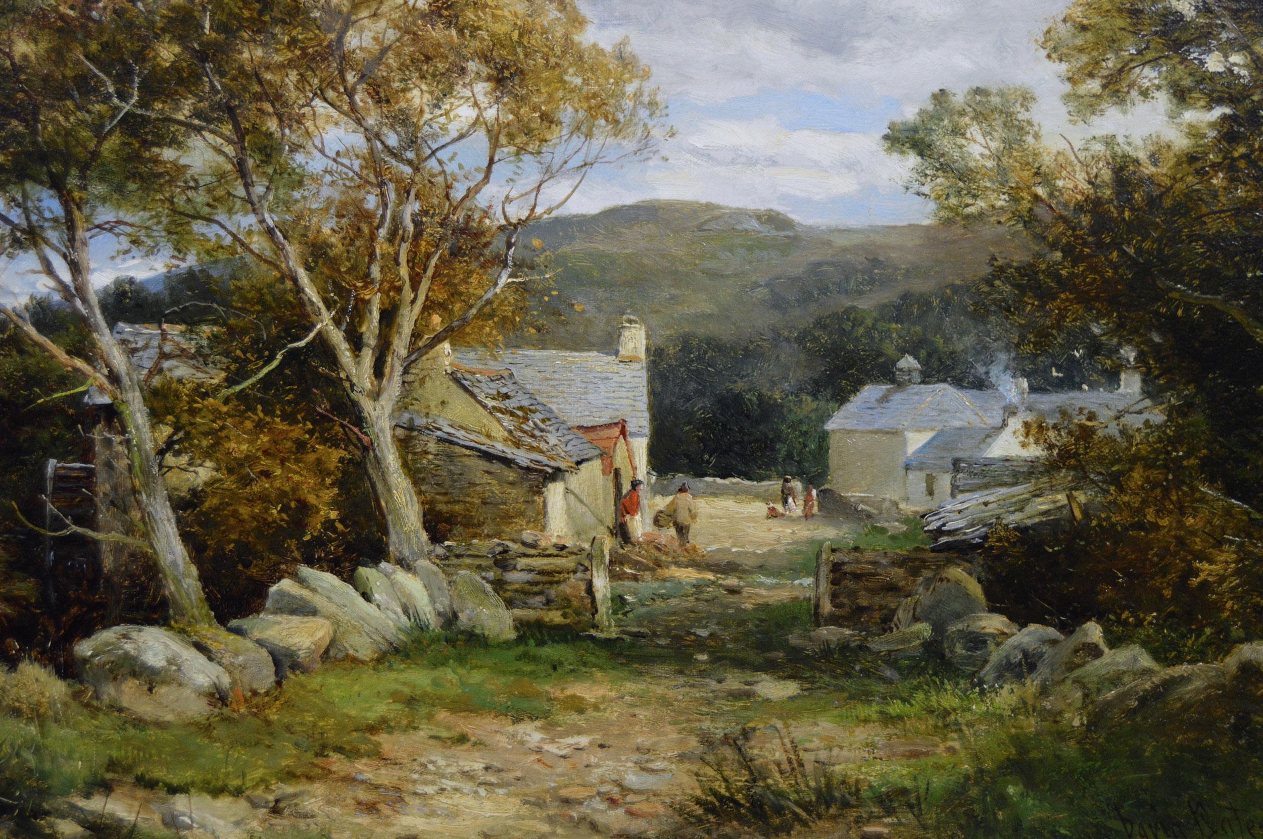 Óleo de paisaje galés del siglo XIX con figuras cerca de un molino de agua - Landscape Painting Marrón de David Bates b.1840
