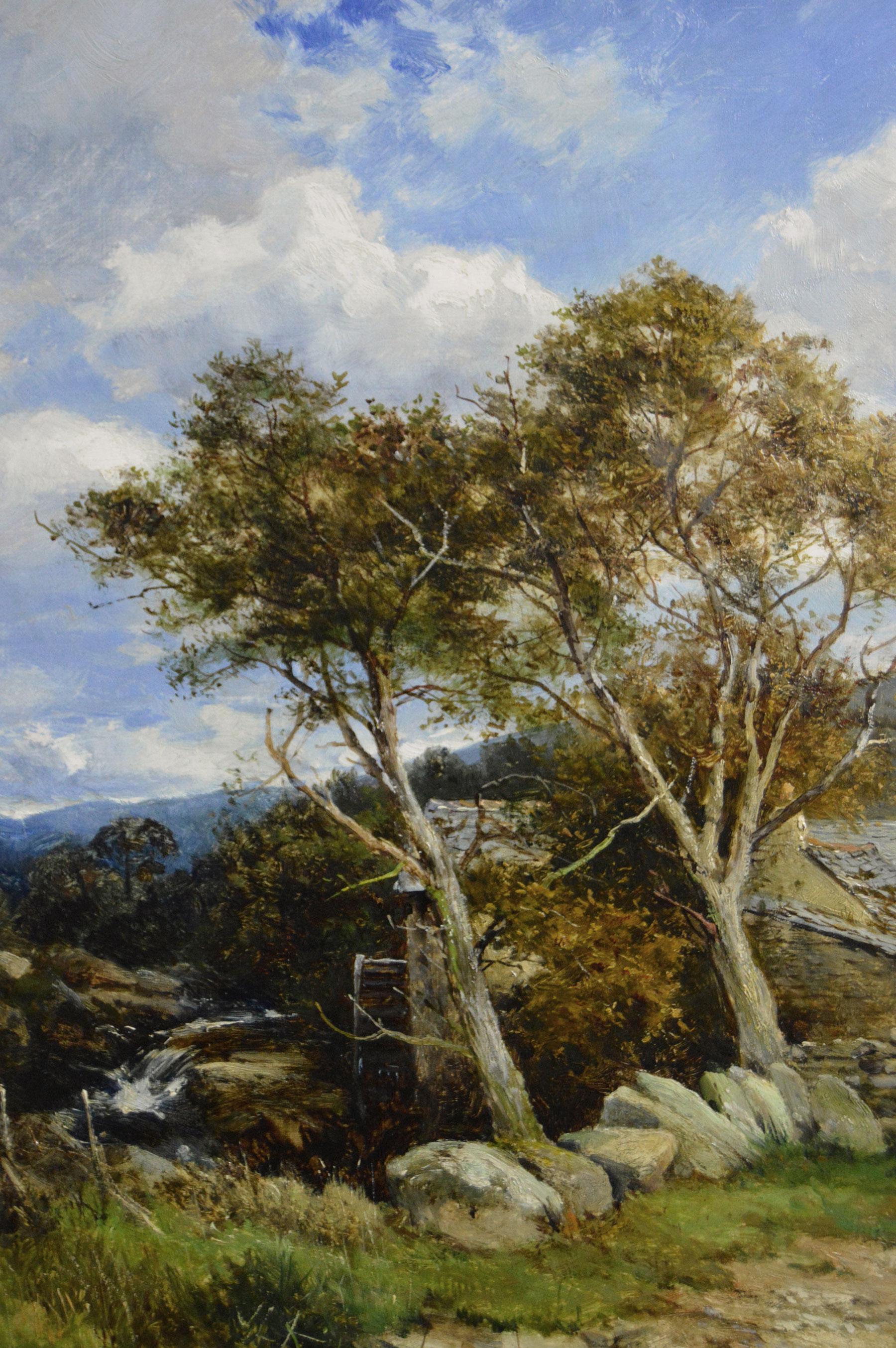 Óleo de paisaje galés del siglo XIX con figuras cerca de un molino de agua en venta 1