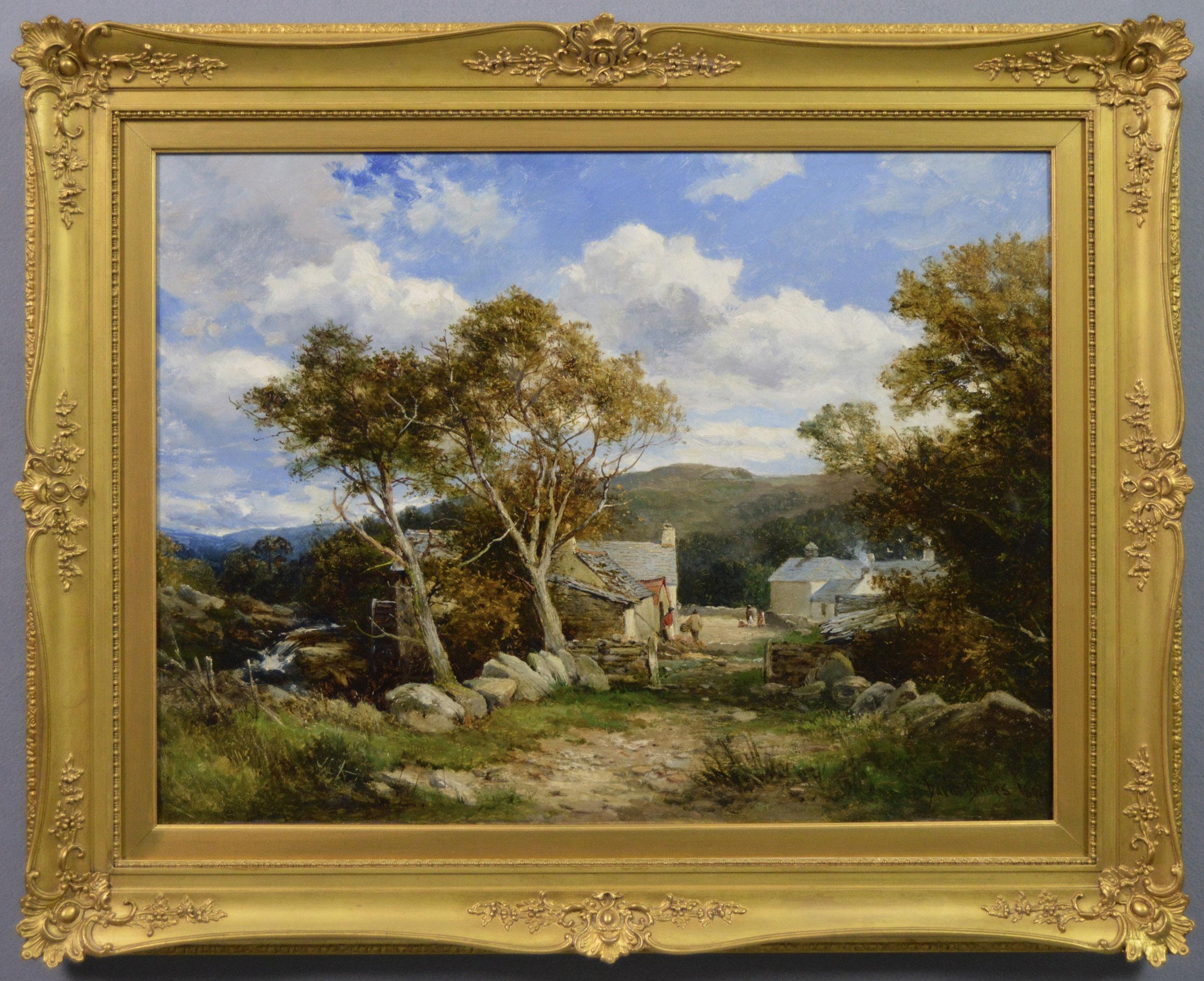 Landscape Painting de David Bates b.1840 - Óleo de paisaje galés del siglo XIX con figuras cerca de un molino de agua