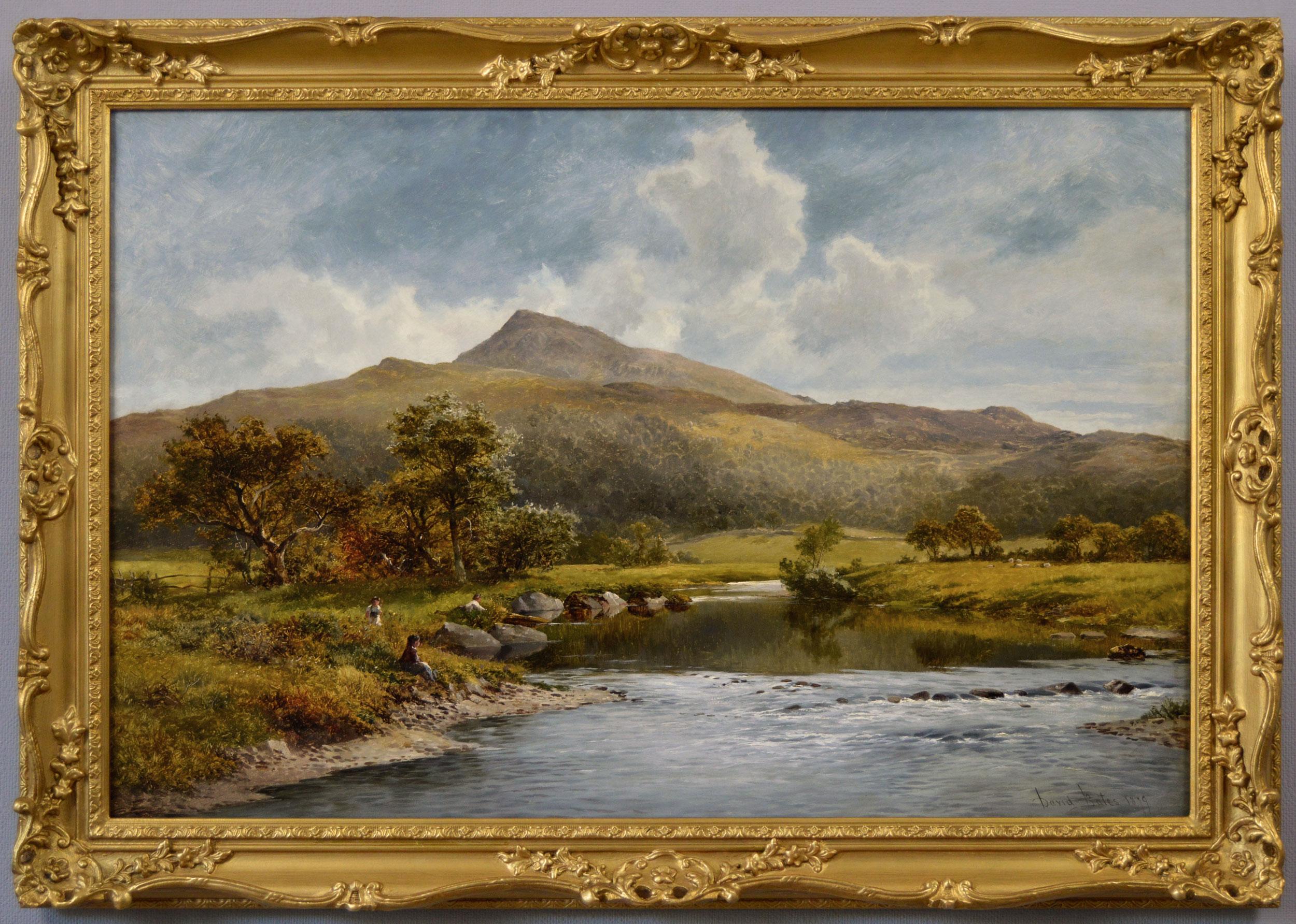 David Bates b.1840 Figurative Painting - 19th Century Welsh river landscape oil painting of Moel Siabod, Snowdonia