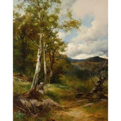 David Bates, Forest View With Distant Peaks, North Wales, Antique Oil Painting