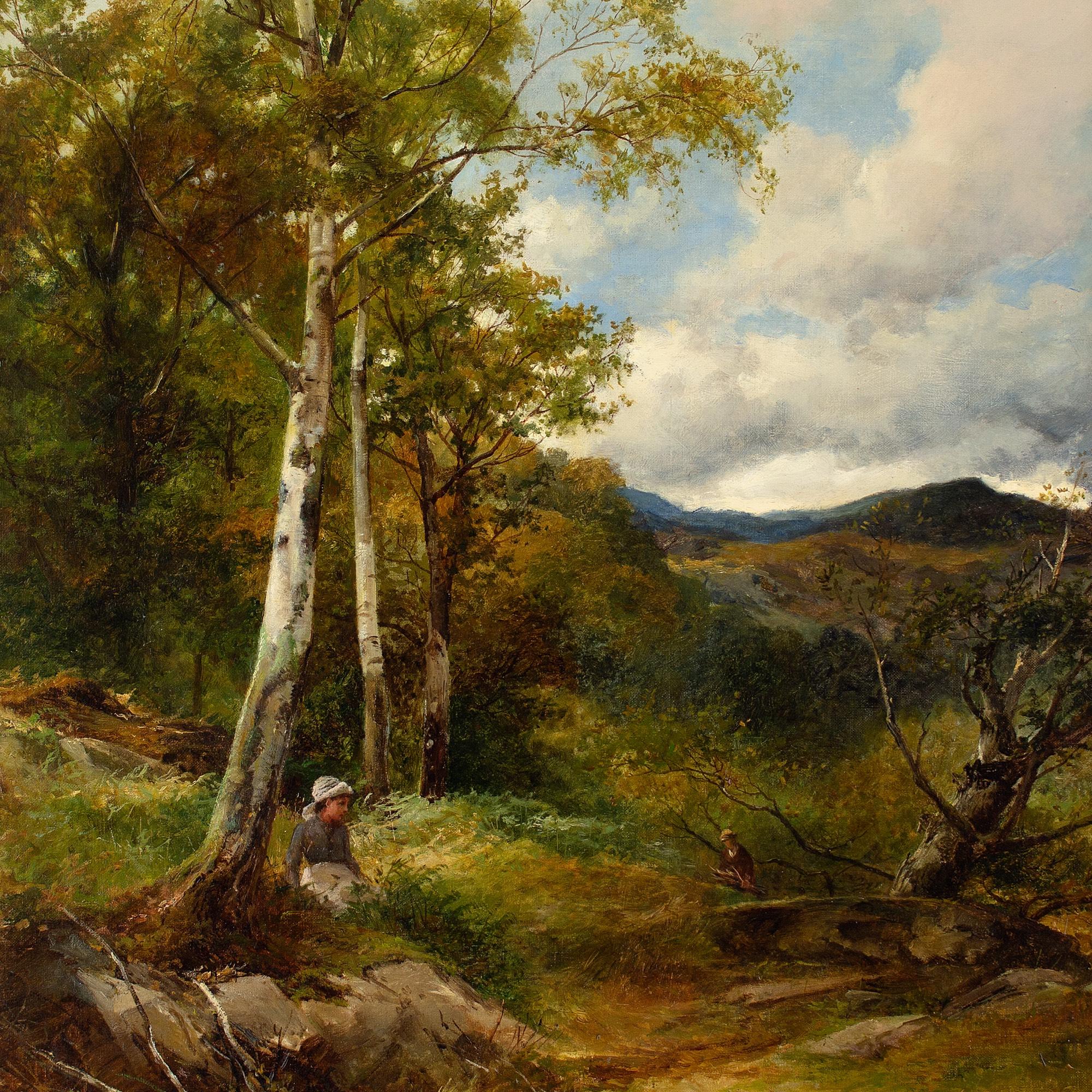 This late 19th-century oil painting by British artist David Bates (1840-1921) depicts a woodland landscape in North Wales.

A young girl sits to rest under the sinuous bough of a leaning birch amid the golden tones of autumnal foliage. An older