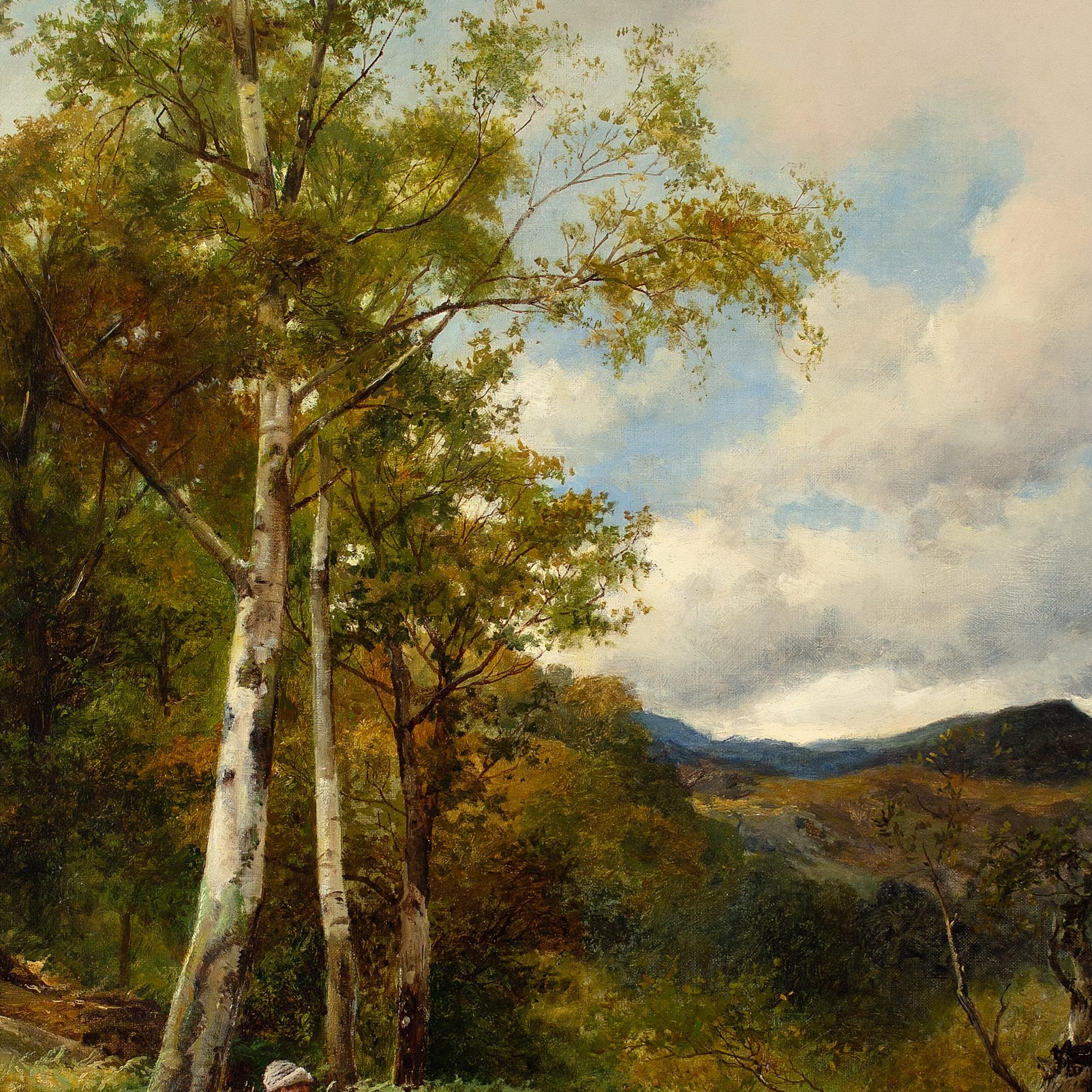 David Bates, Forest View With Distant Peaks, North Wales, Antique Oil Painting 1