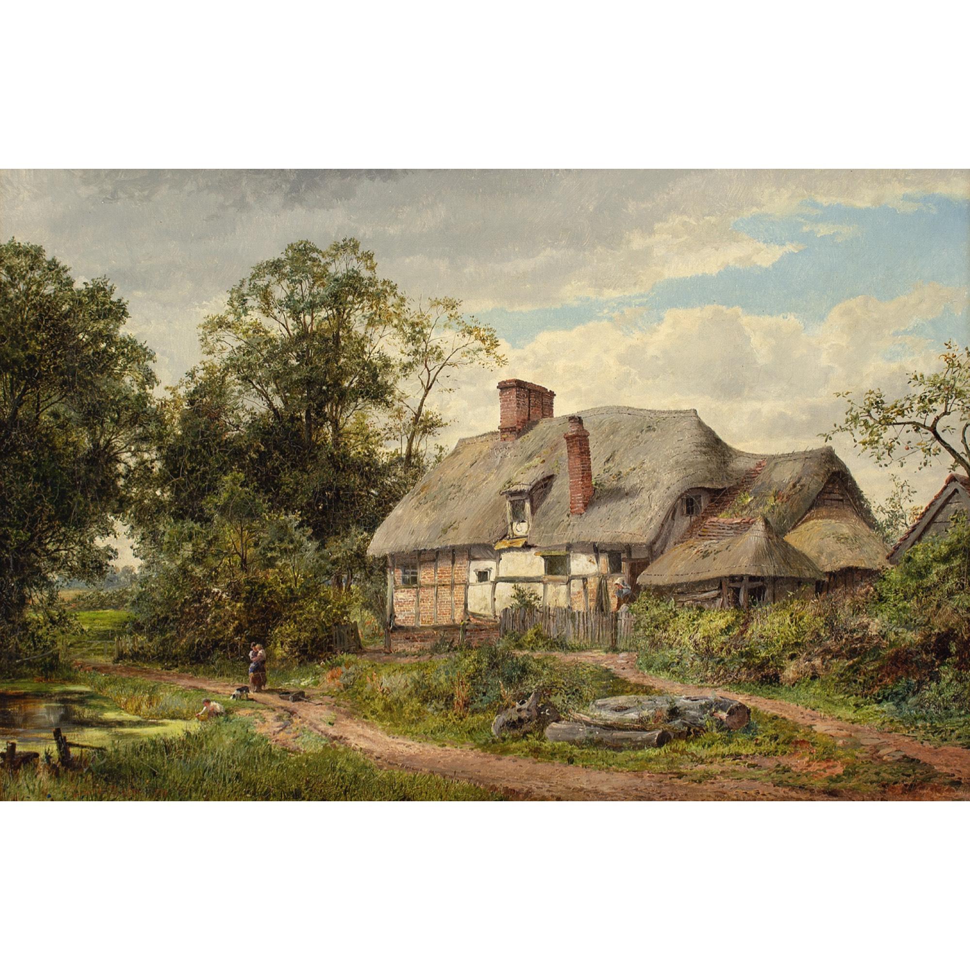 David Bates, Rural Landscape With Thatched Cottage, Country Track & Pond - Painting by David Bates b.1840