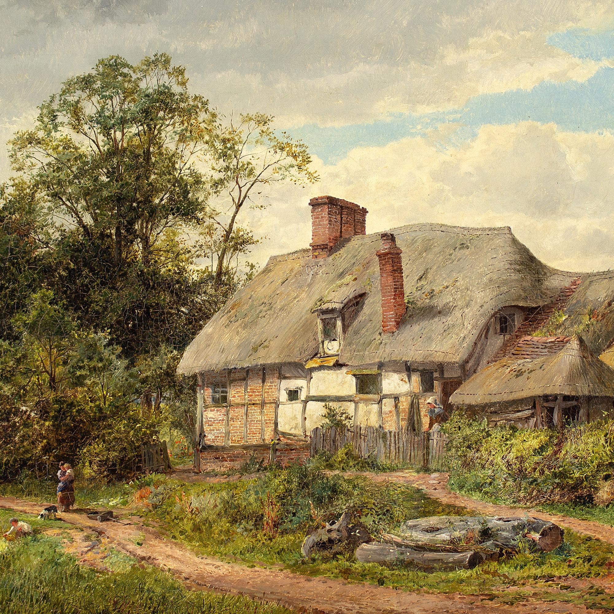 This charming 19th-century oil painting by British artist David Bates (1840-1921) depicts an idyllic rural scene with a picturesque thatched cottage, country track, pond and figures.

Beaming under the incandescence of Summer, a charming