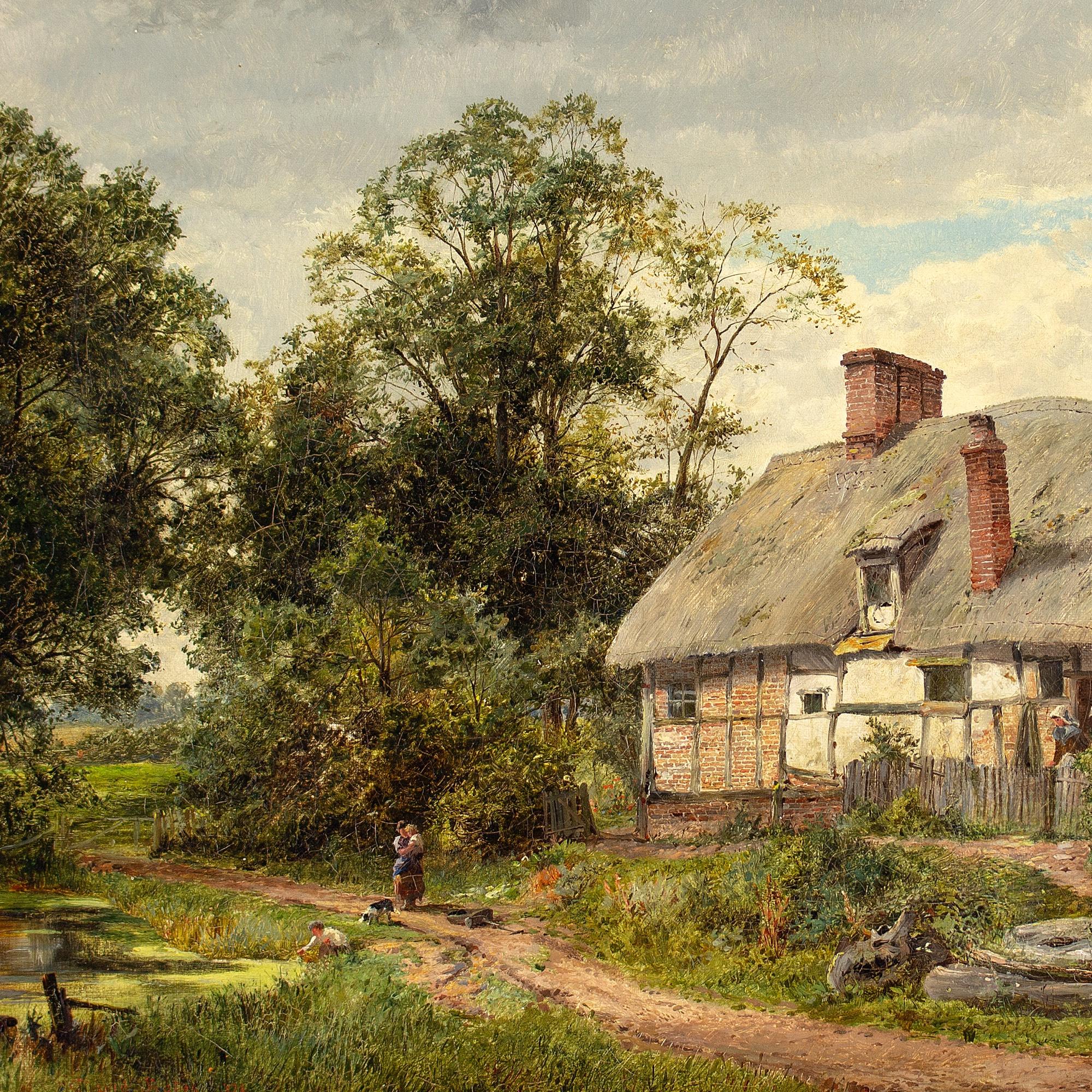 David Bates, Rural Landscape With Thatched Cottage, Country Track & Pond For Sale 1