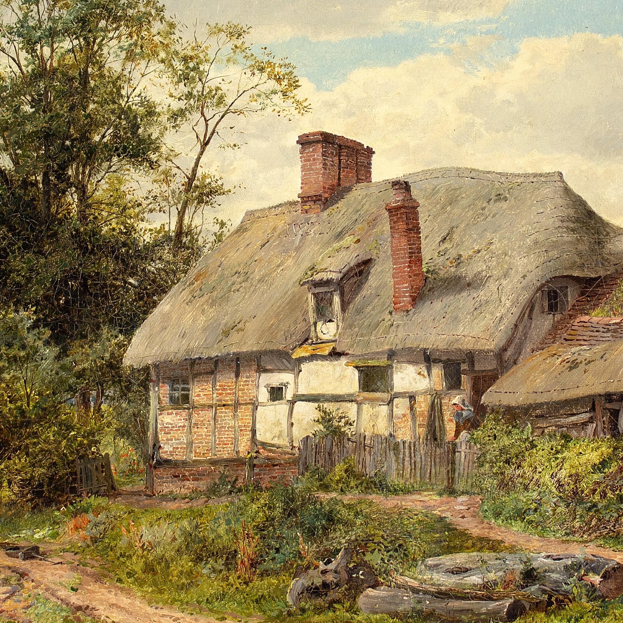 This charming 19th-century oil painting by British artist David Bates (1840-1921) depicts an idyllic rural scene with a picturesque thatched cottage, country track, pond and figures.

Beaming under the incandescence of Summer, a charming