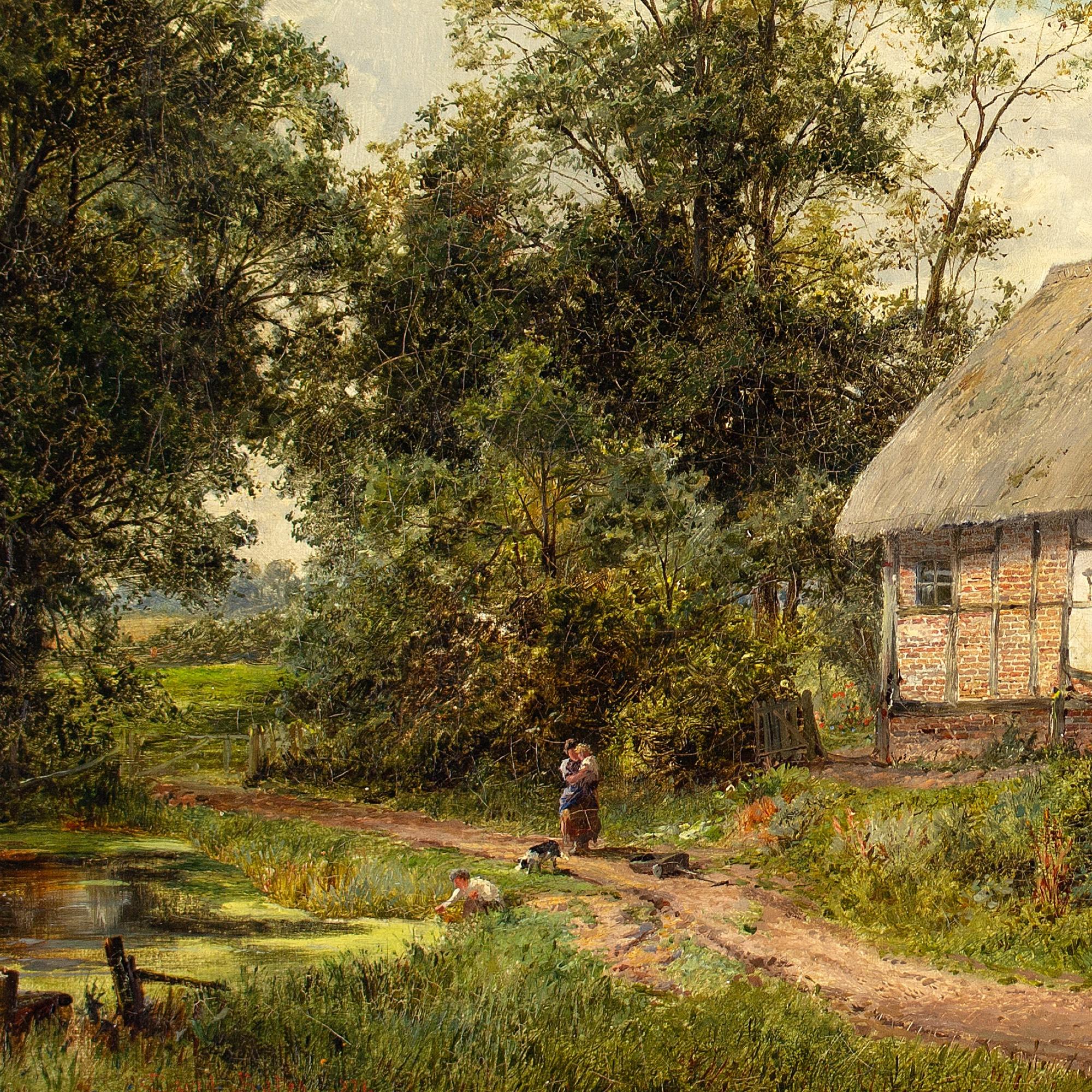 David Bates, Rural Landscape With Thatched Cottage, Country Track & Pond For Sale 3