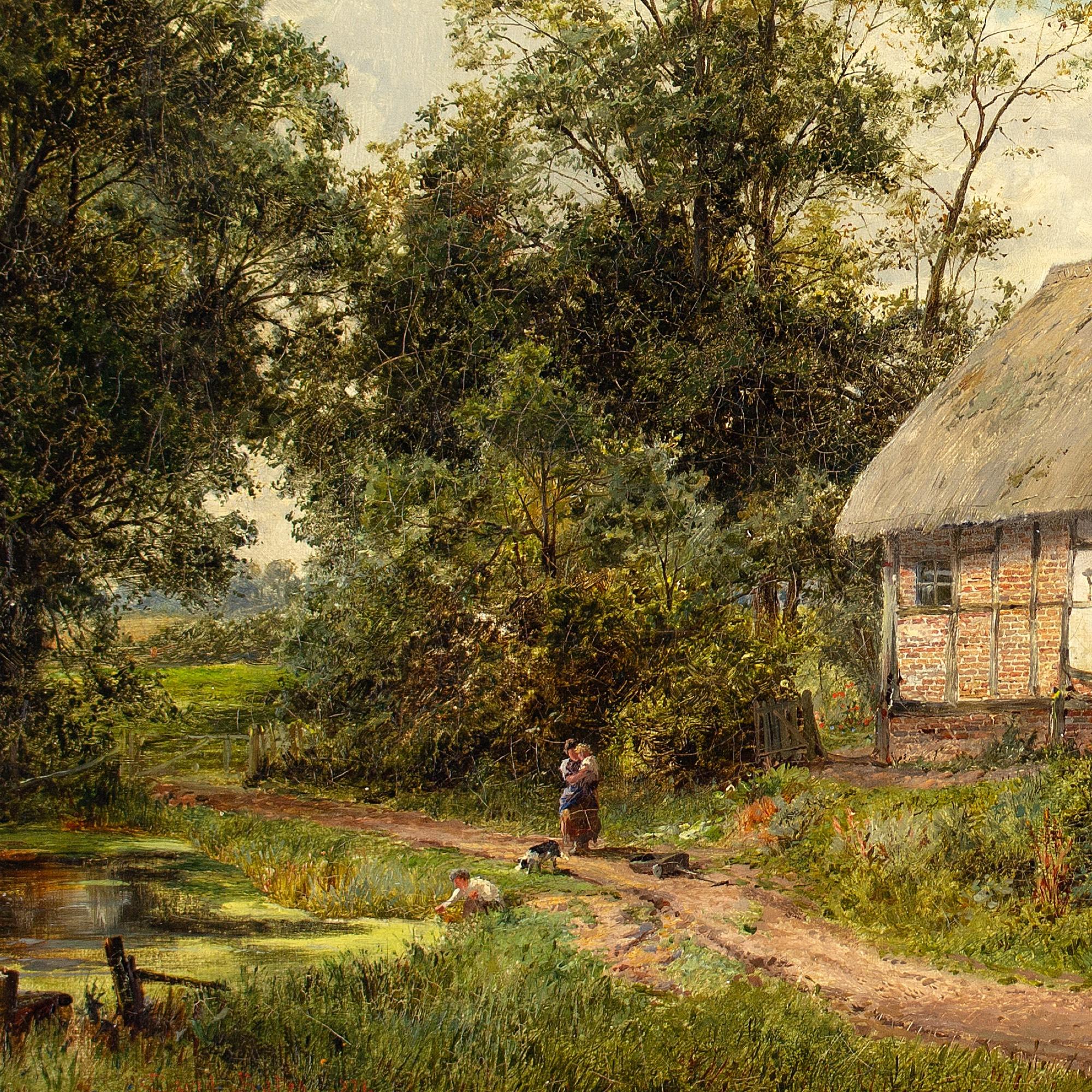 David Bates, Rural Landscape With Thatched Cottage, Country Track & Pond For Sale 2