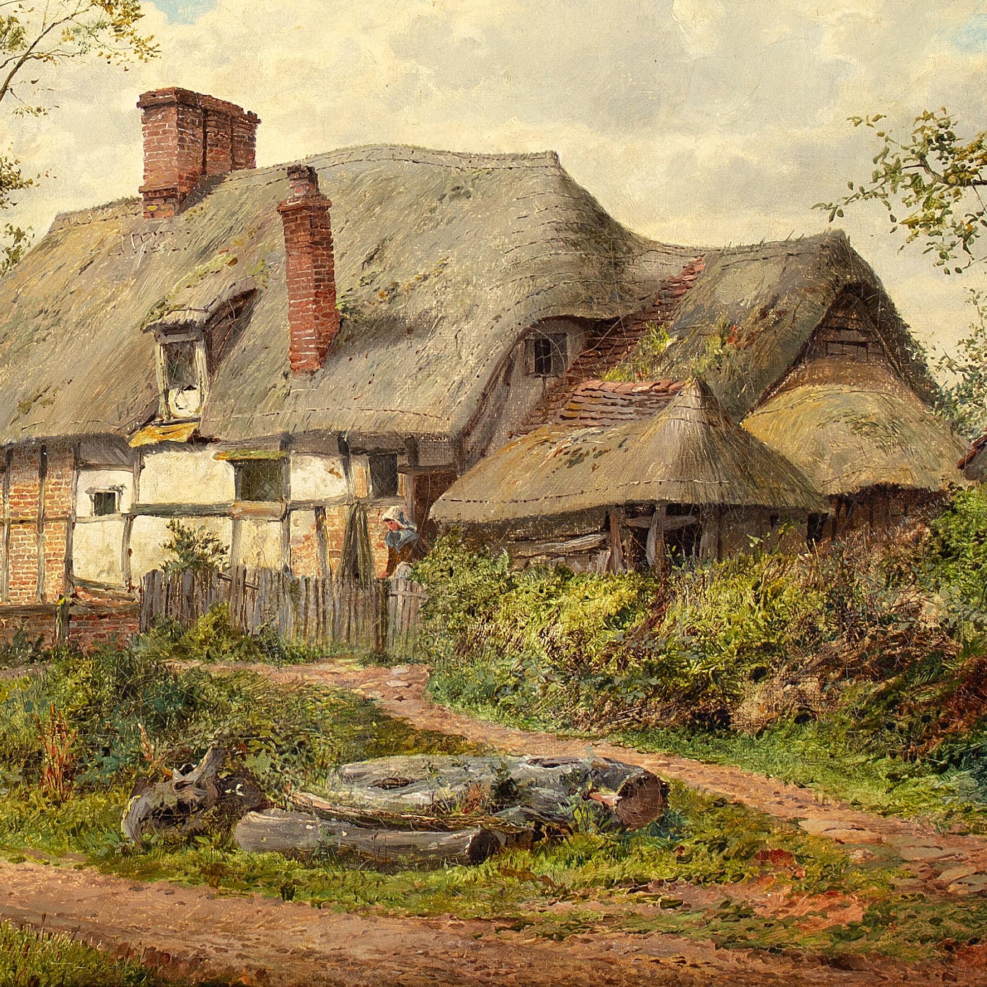 David Bates, Rural Landscape With Thatched Cottage, Country Track & Pond For Sale 4