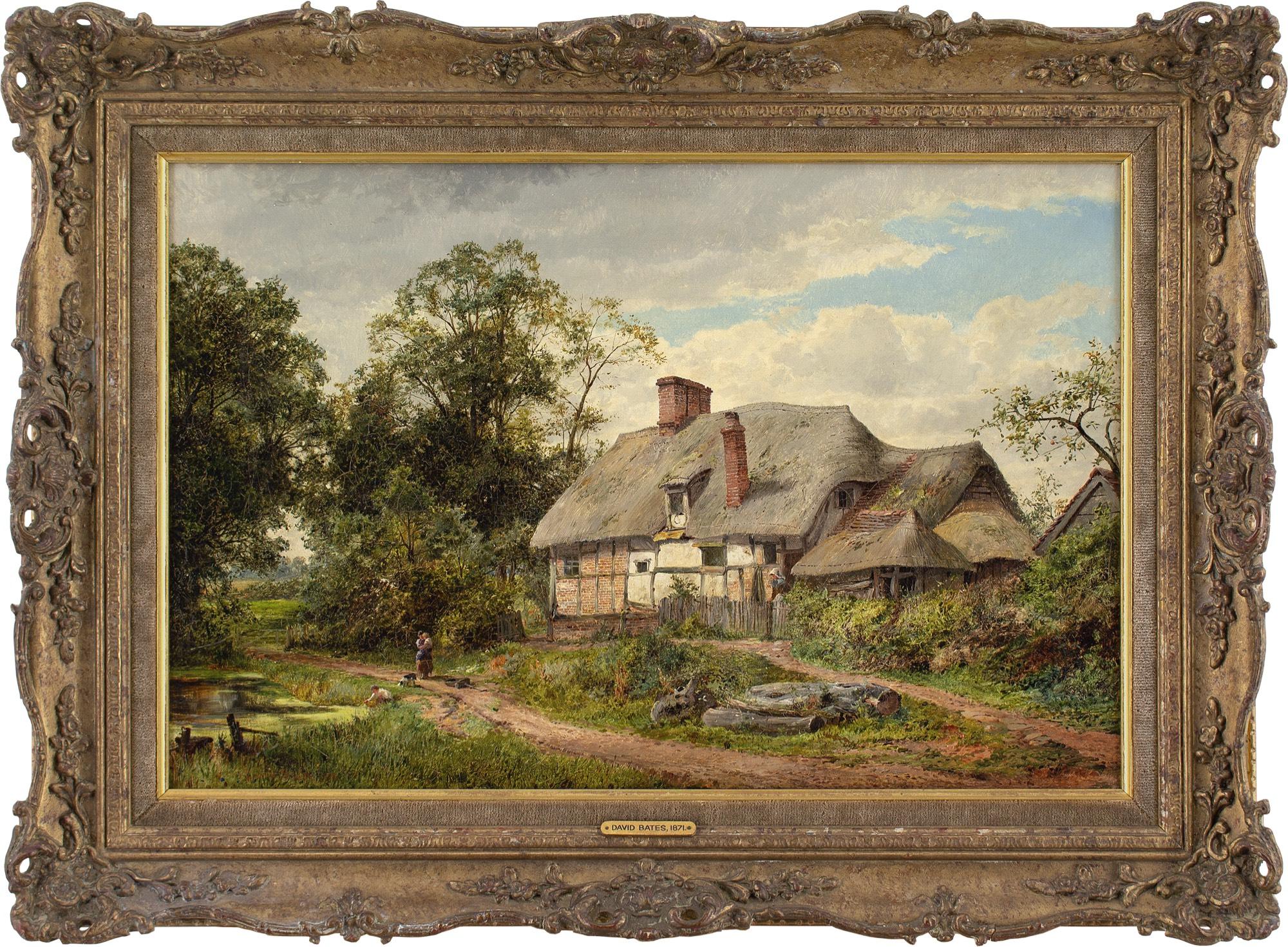 David Bates, paysage rural avec chaumière, chemin de campagne et étang