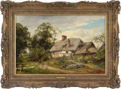 Vintage David Bates, Rural Landscape With Thatched Cottage, Country Track & Pond